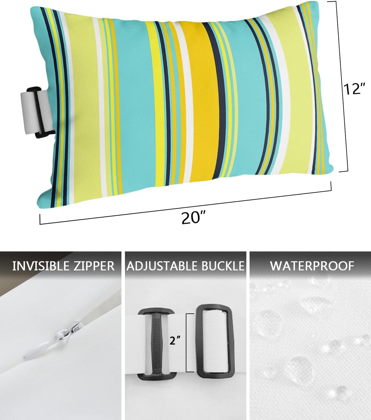 Lumbar Pillow Covers Set of 4, Blue Yellow Stripes Waterproof Outdoor Chaise Lounge Pillow Covers with Elastic Strap, Modern Art Color Striped Headrest Pillowcase for Patio Recliner, 12 x 20