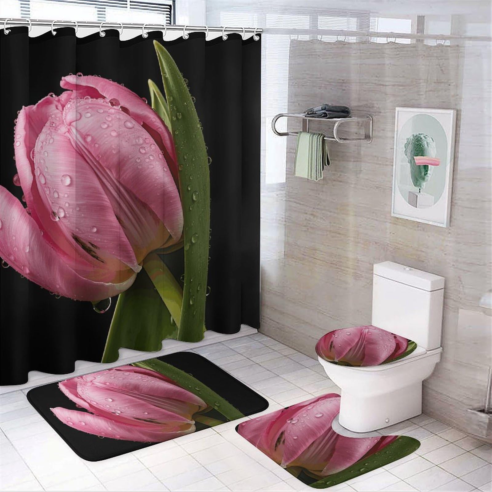 Rideaux de salle de bain Wet Flower avec tapis de douche en polaire corail absorbant