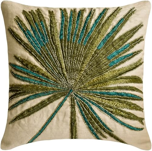 The HomeCentric Funda de cojín, fundas de almohada verdes de 18 x 18 pulgadas, fundas de almohada de lino con cuentas bordadas para sofá, diseño