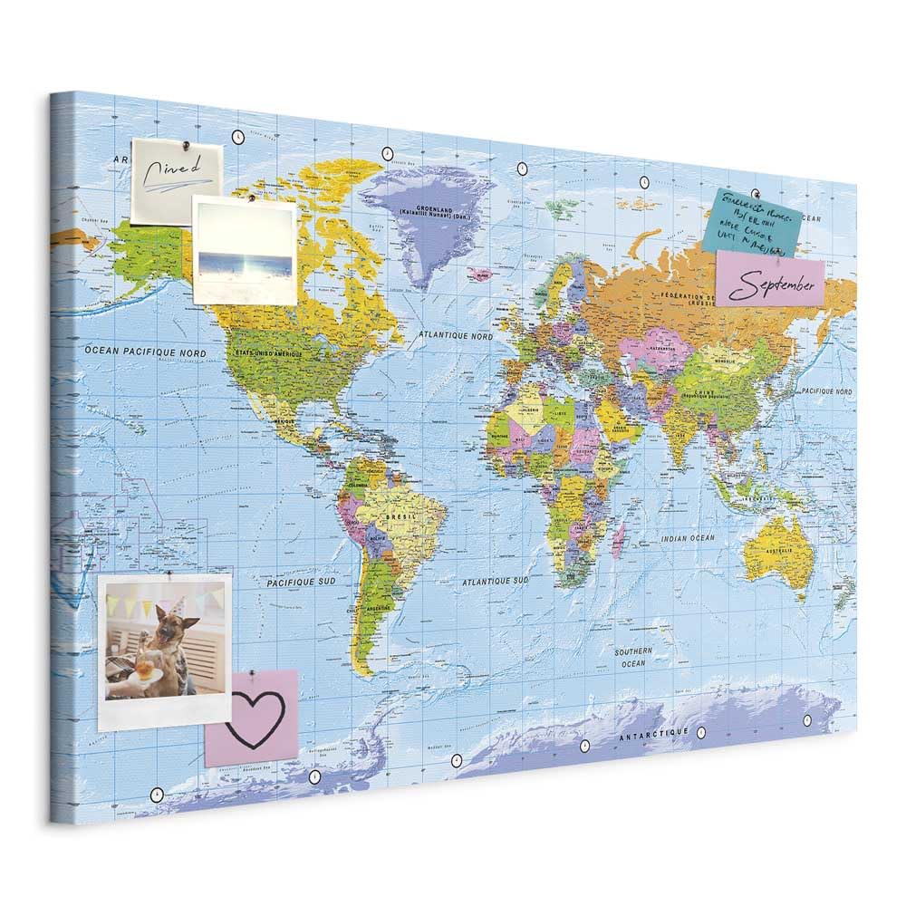 murando - Tableau à Épingles et Peinture sur Toile Combinés 120x80 cm - Avec Crochets Clous et Punaises Argentées - Panneau en Fibres pour Notes et Affichage - Carte du monde k-A-0302-v-a