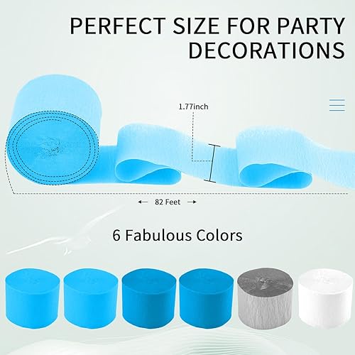 Miniatura 2 de Serpentinas de papel crepé, 6 rollos de papel crepé de 492 pies, paquete de 6 serpentinas de papel azul plateado y blanco para decoración de fiestas