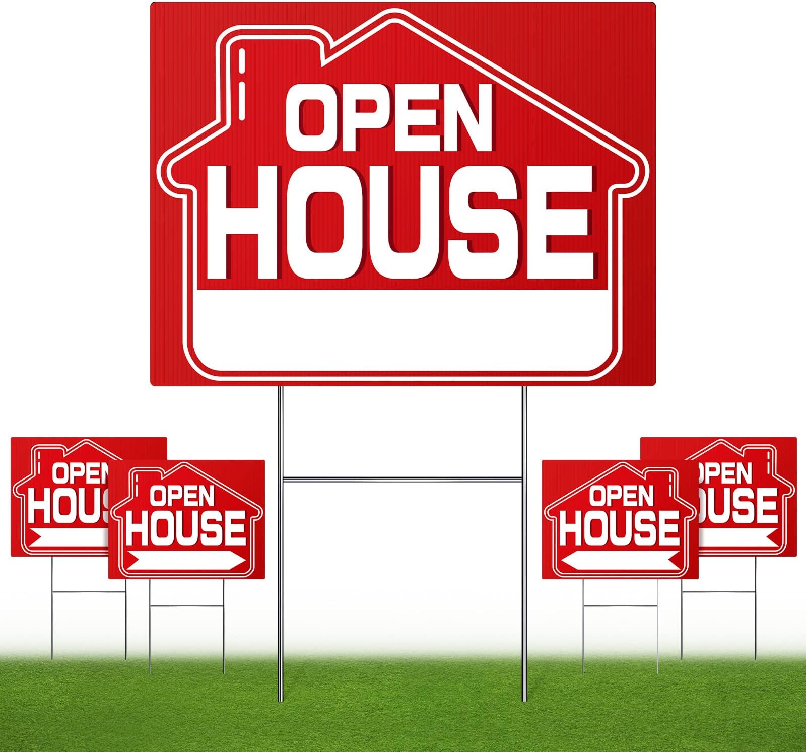 Open House Signs (5 Pack), 16" x 12" Double-Sided Yard Sign With Metal H Stakes, Real Estate Property Sale Directional Arrows, Weather-Proof