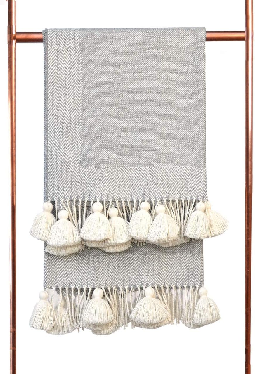 | 100% Baby Alpaca Wool Sofa Throw Blanket - Woven by Hand, All Natural, Reversible Herringbone Pattern with Fringe Perfect for Bedroom or Living Room, Silver/Ivory Tassel