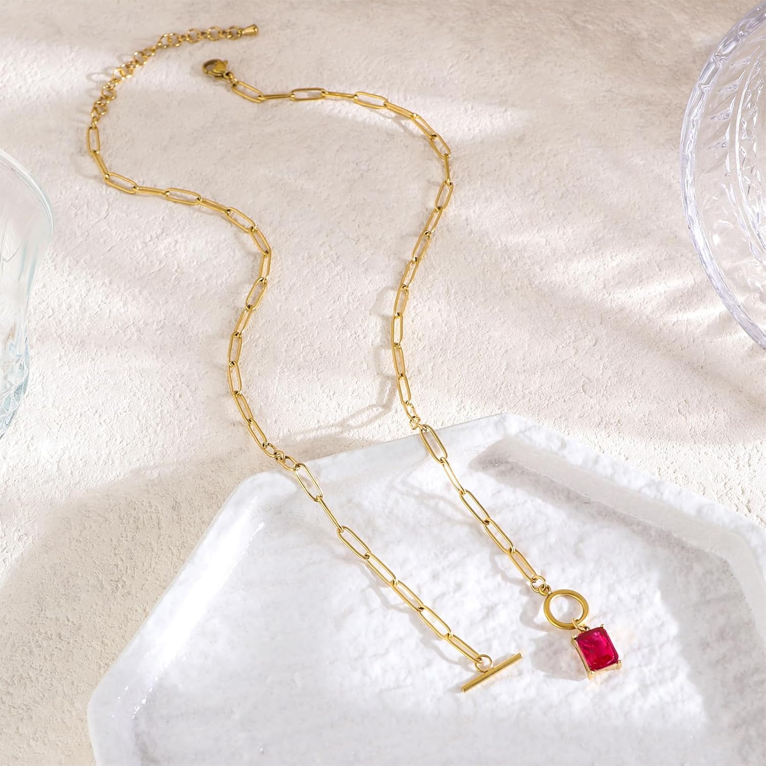 Natural Stone Paperclip Toggle Necklace Dainty Size Heart/Round Teardrop Gemstone Paper Clip Chain Necklace Birthstone Jewelry Gift for Women