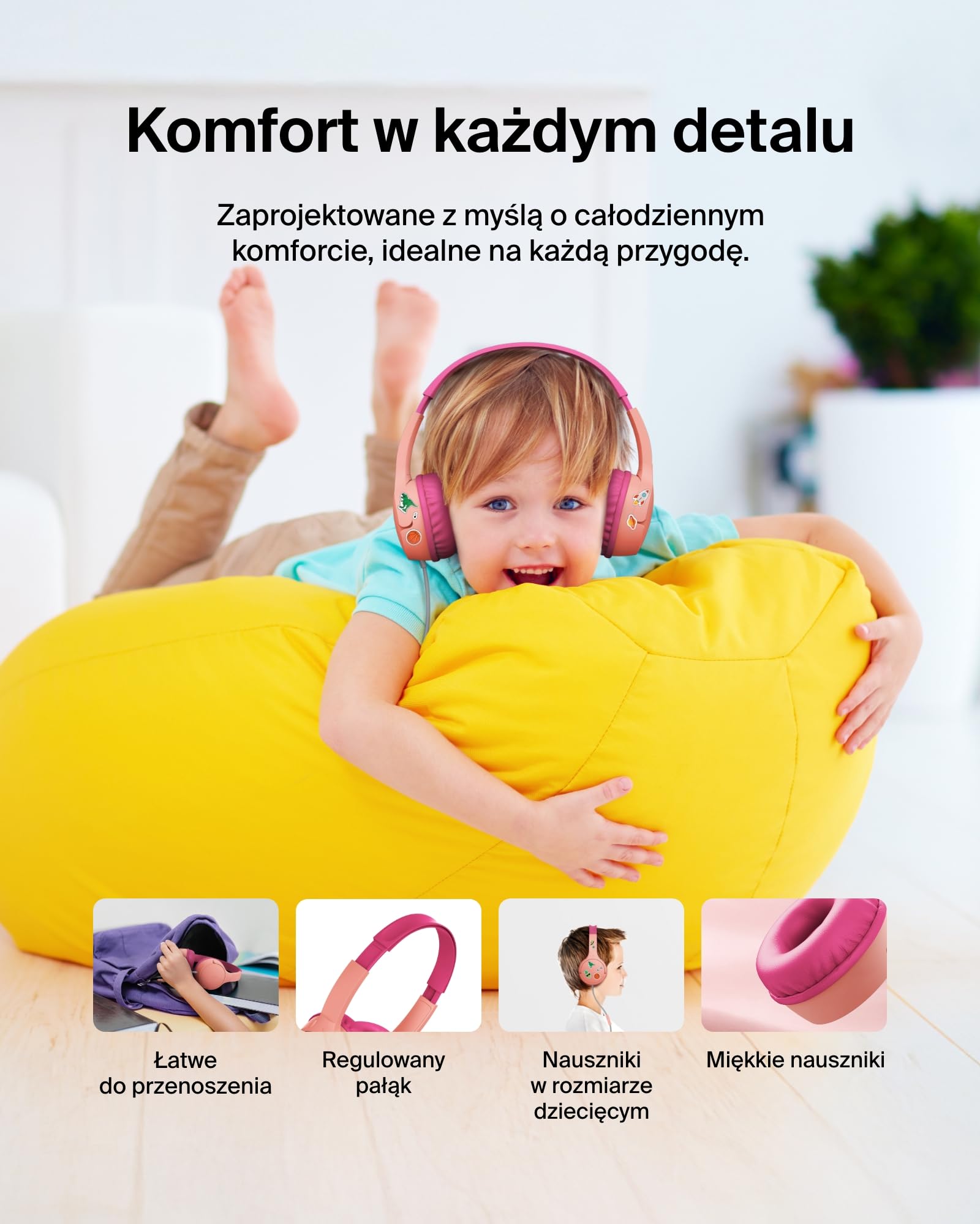 Belkin SoundForm Mini Słuchawki Dzieci Przewodowe, przejściówka USB-C do 3,5 mm, mikrofon, naklejki, maks. głośność 85 dB – nauka online i podróże, do urządzeń iPhone, iPad, Galaxy – Różowe