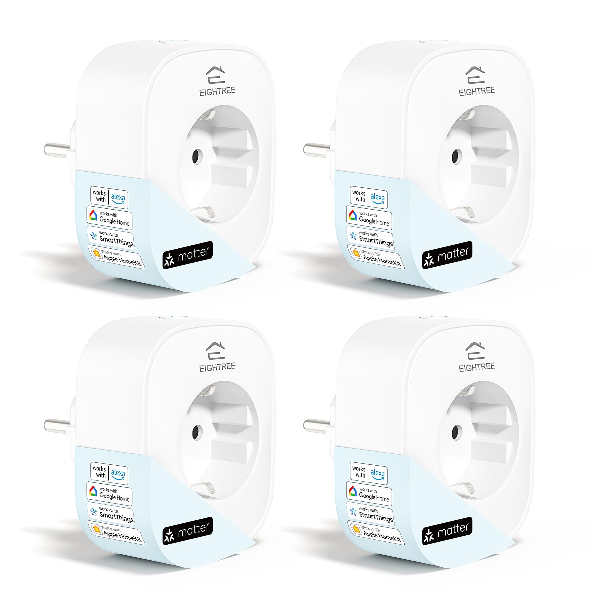 Eightree EIGHTREE Enchufe Inteligente Matter, Enchufe WiFi Alexa, Tomada Programable con Consumo de Energía, Control Remoto por APP&Voz, Compatible con Apple Homekit, Alexa, Google Home y SmartThings, 16A, 4PC