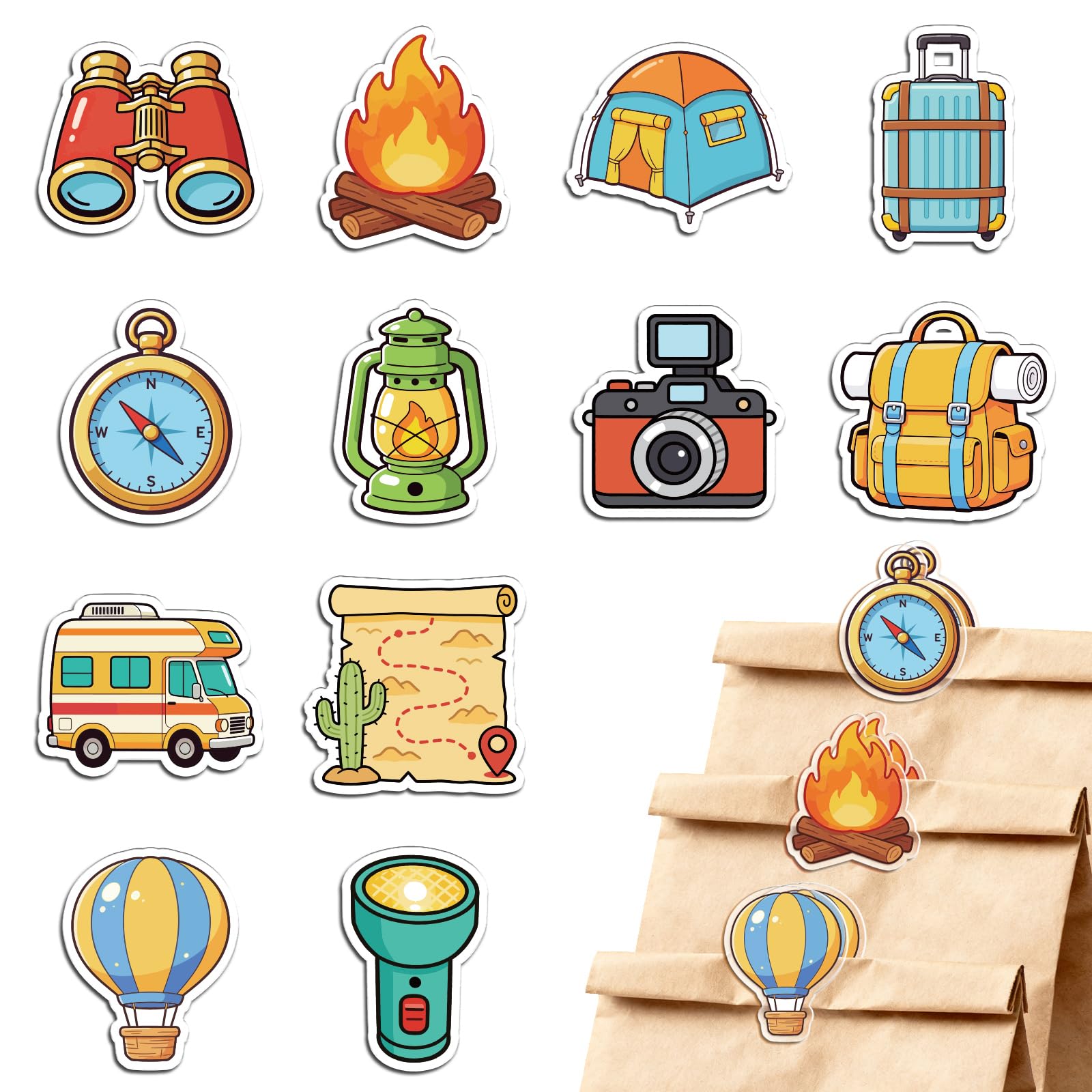 MAYJOYDIY 24Pcs 12 Styles Camping Theme Acrylic Bag Clips Traveling Telescope Bag Sealer Sealing Closures Bonfire Acrylic Chip Clips Funny Home Office Holders for Bread Snack Storage Desk Decor