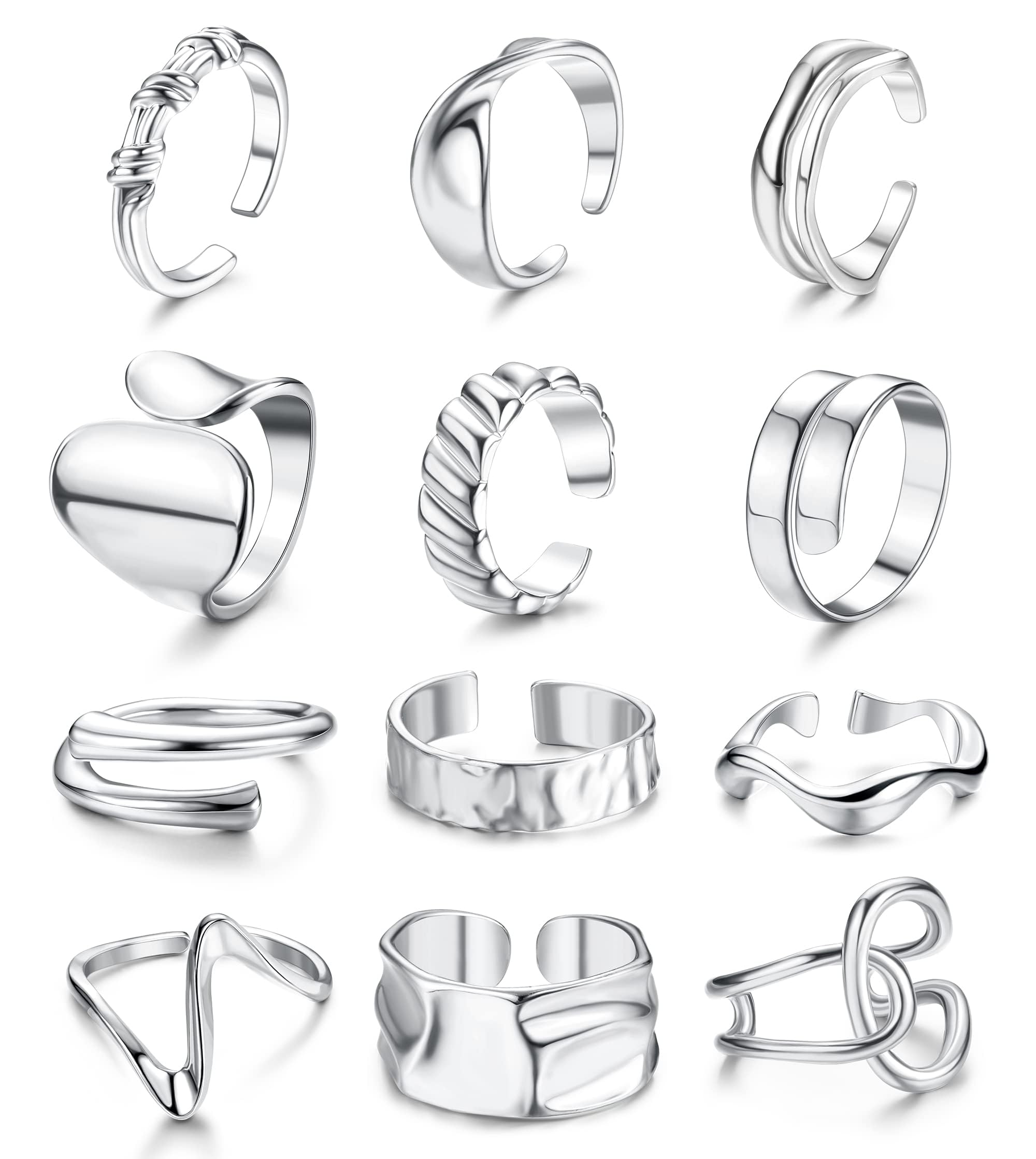 BESTEEL12PCS Gold Chunky Rings for Women, 18K Gold Plated Thick Rings, Stacking Open Rings Set Adjustable