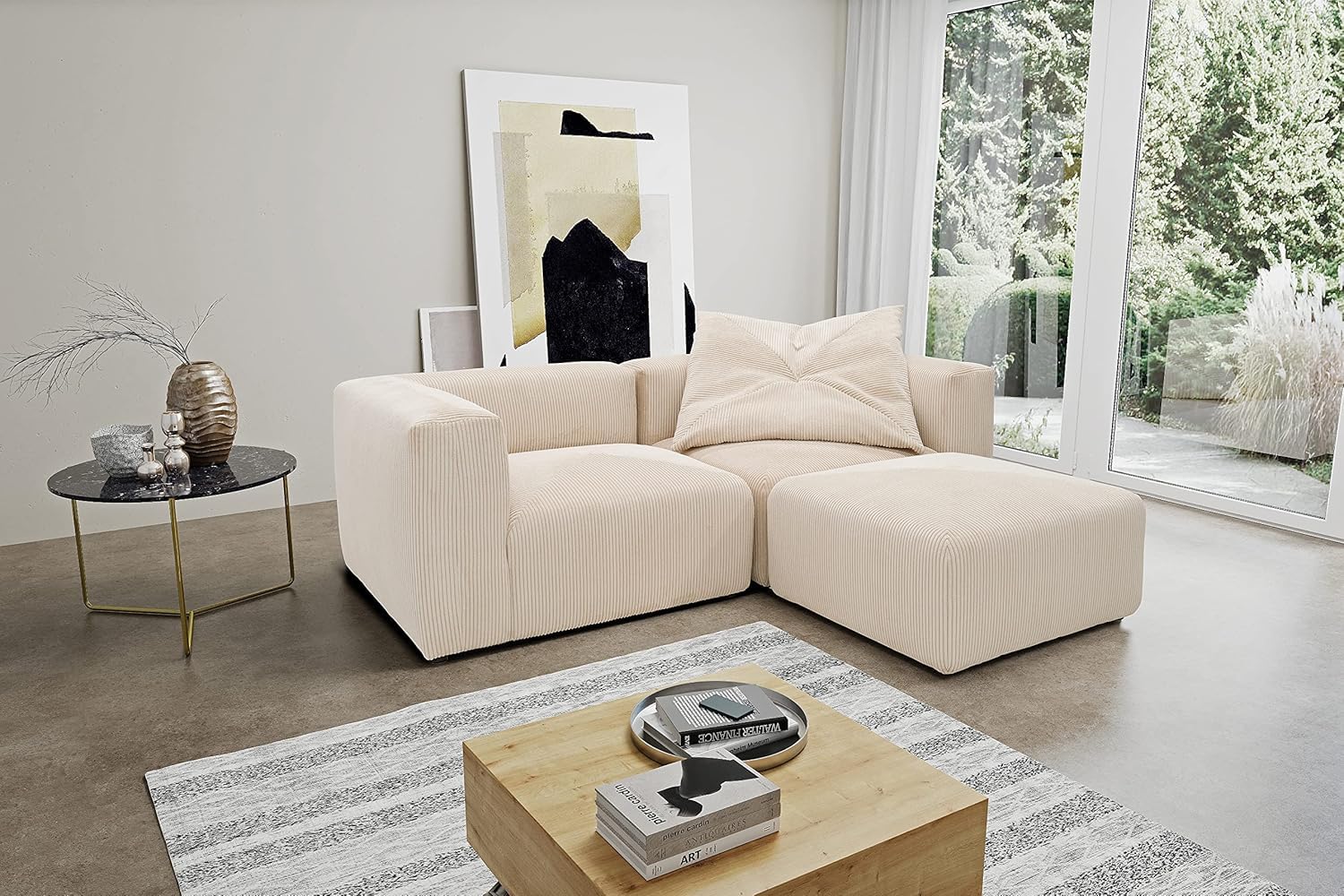 DOMO. collection Malia Canapé d'angle modulable en Velours côtelé en Forme de L composé de 2 fauteuils d'angle et 1 Tabouret rembourré, canapé modulaire, 3 éléments rembourrés, canapé d'angle, 216 x