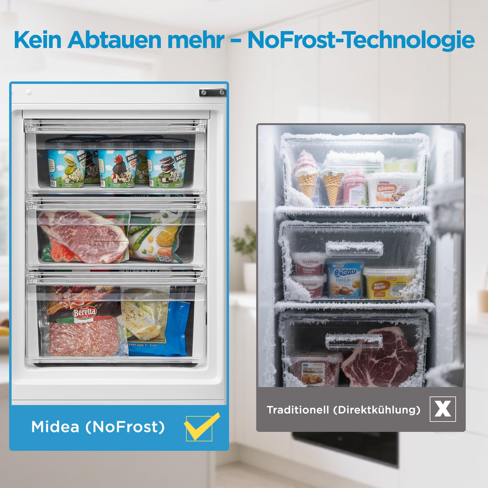 Midea Kühlschrank mit Gefrierfach MERB276FGE02A 270L Kühl-Gefrierkombination No Frost All-Around Cooling Edelstahl 180 cm