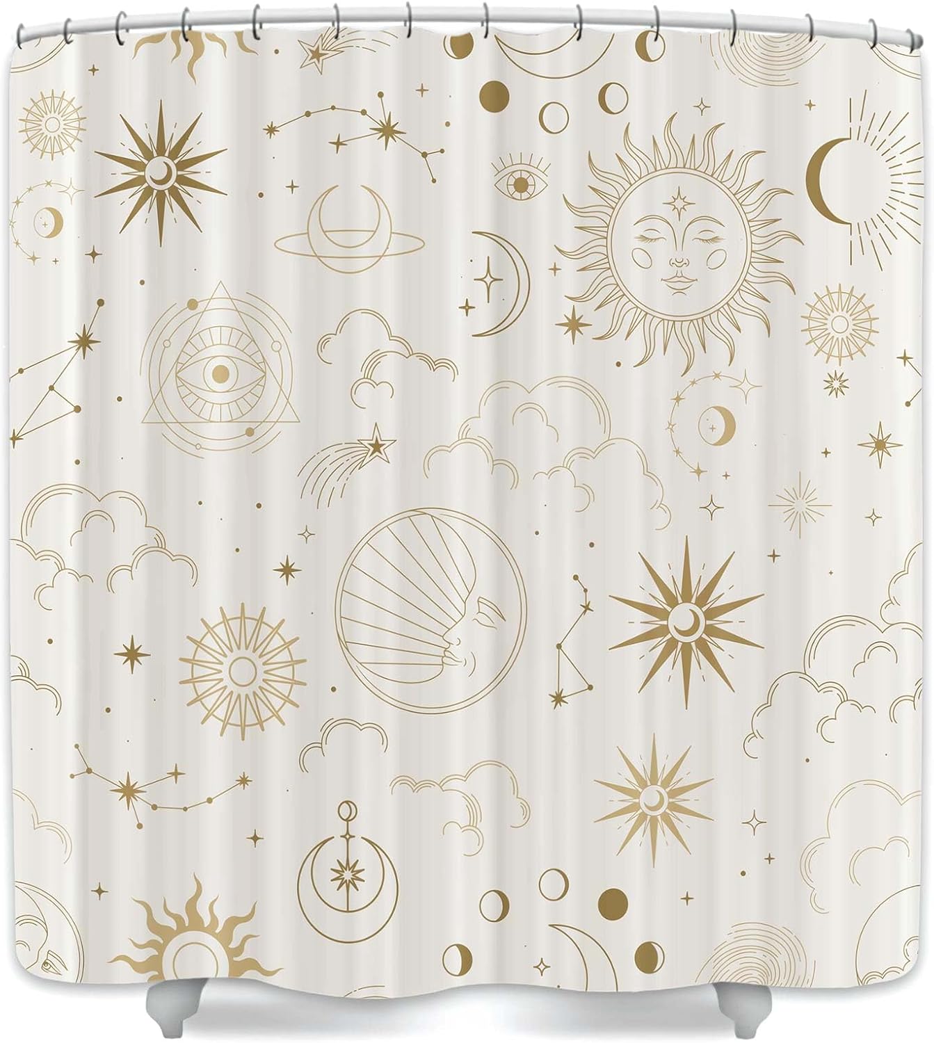 Boho Sun Moon Phase Shower Curtain，Mysterious Constellation Astrology Beige Crescent Tarot Celestial Gothic Star Shower Curtain Set,Polyester Shower Curtains with Hooks,71x84 Inch.