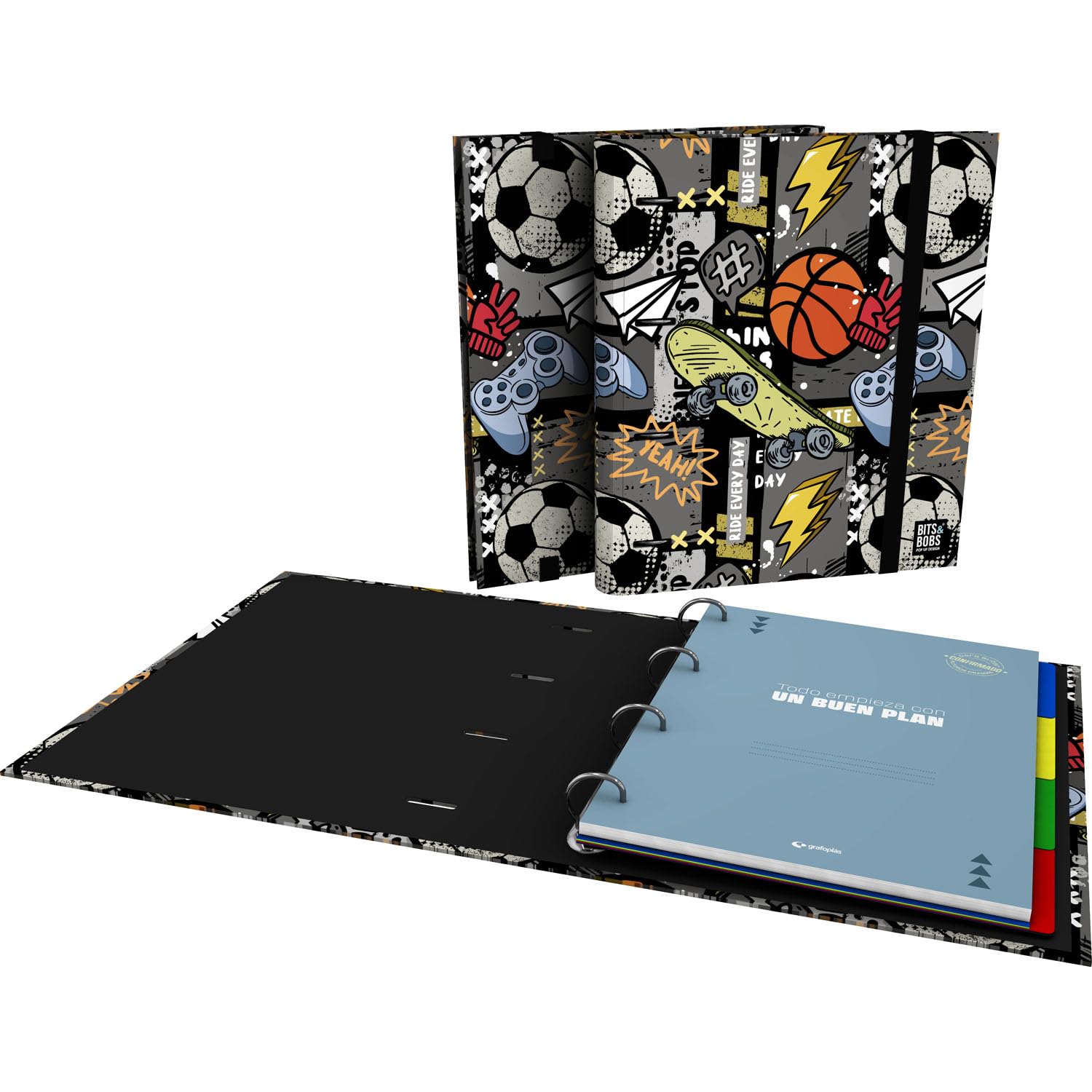 Grafoplas - Ring Binder A4, Carpebook Bits&Bobs Free Sport, Includes Refill + dividers + Planner + Stickers + Transparent Envelope, Perfect for schoolchildren
