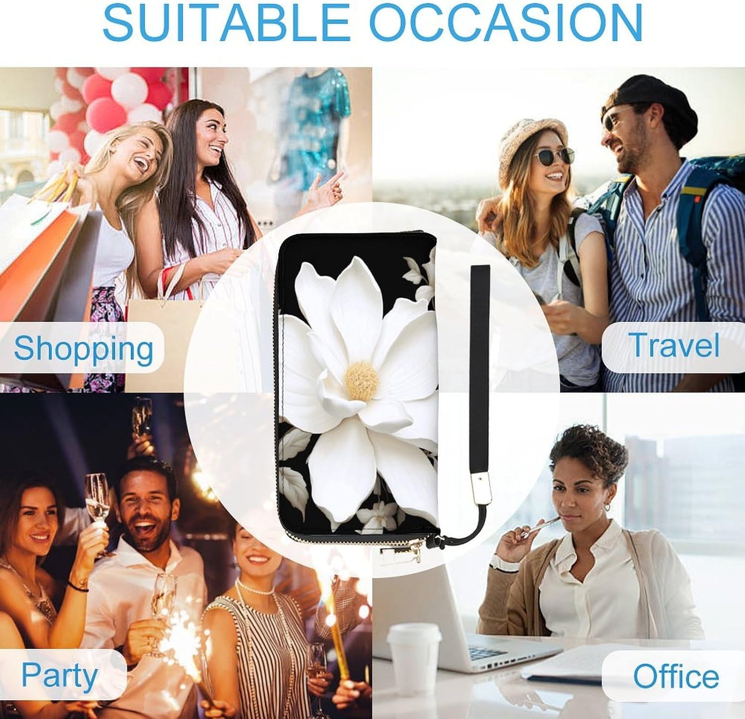 White Floral Wristlet Wallets for Women Leather Clutch Purses with Strap Coin Purse Rfid Credit Card Holder Long Slim Handbags