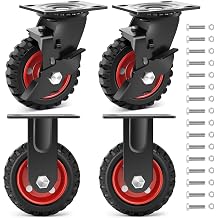 Nefish 5 Inch Heavy Duty Casters Set of 4, Solid Rubber Outdoor Casters Wheels, Industrial Grade Rubber Castors with Knobby Tread for Cart, Wagon and Chicken Coop 2 Brake & 2 Rigid