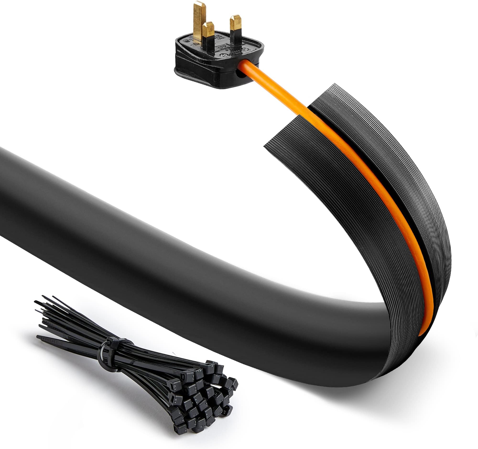 Floor Cable Cover Protector with Pack of Cable Ties | Medium Duty Wire Cover with Non-Slip Base, Protect Cables & Prevent Trip Hazards | Ideal for Home, Offices, Retail, Gyms & Garages (2M)