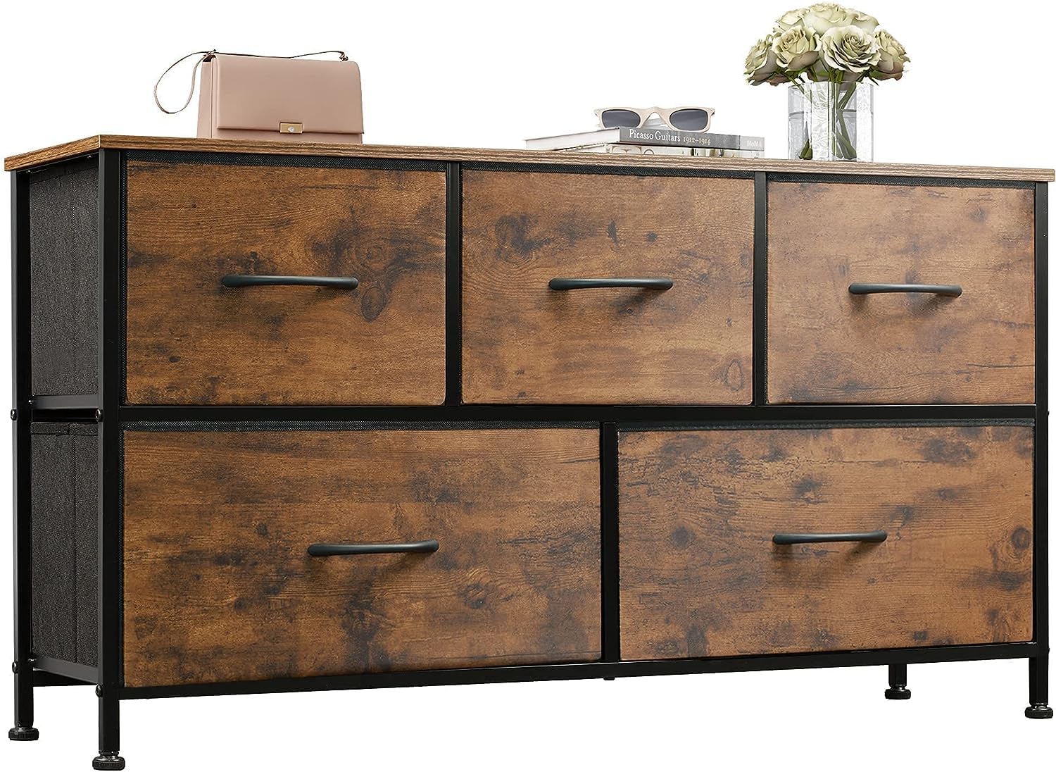 KRISHYAM Dresser for Bedroom with 5 Drawers – Wide Chest of Drawers – Fabric Bins Dresser – Steel Frame, Wood Top Storage Organizer for Closet, Living Room, Hallway, Nursery, Bedroom, Children’s Room