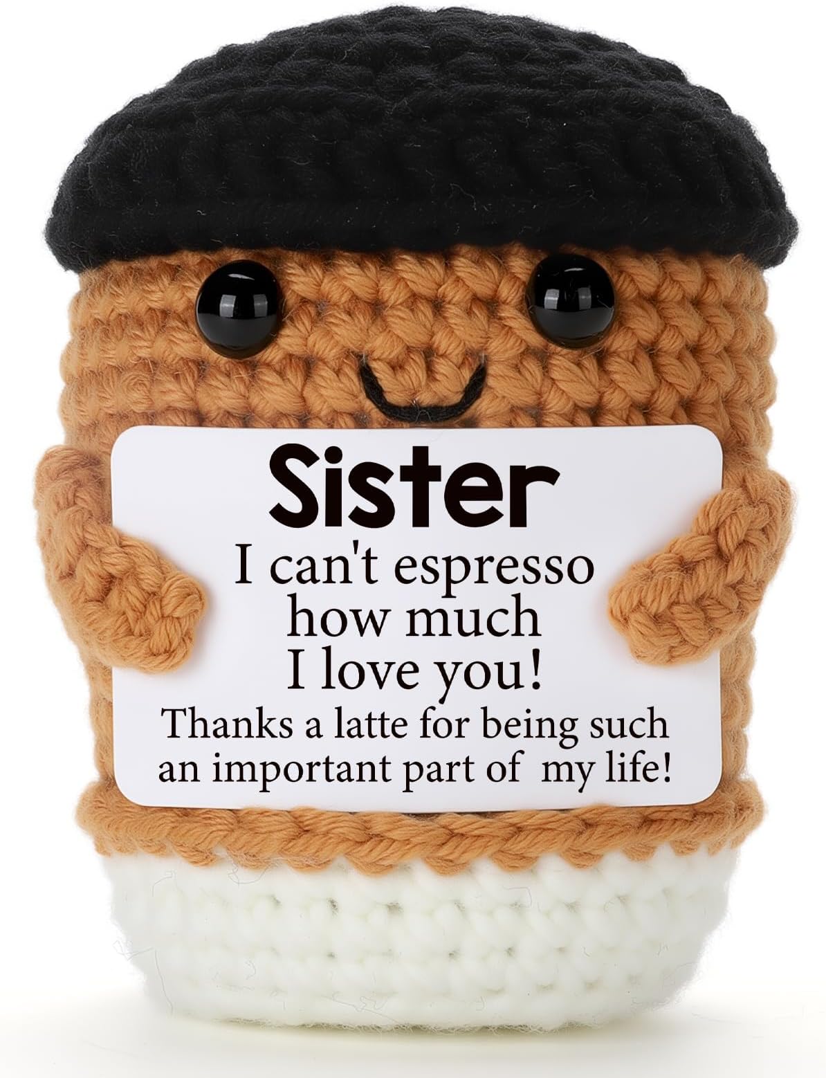 Mini Funny Coffee Sister Birthday Gifts from Sister, Graduation Soul Sister Friend Gifts for Women Girls Presents, Handmade Crochet Coffee Inspirational Cheer up Emotional Gift Desk Decor