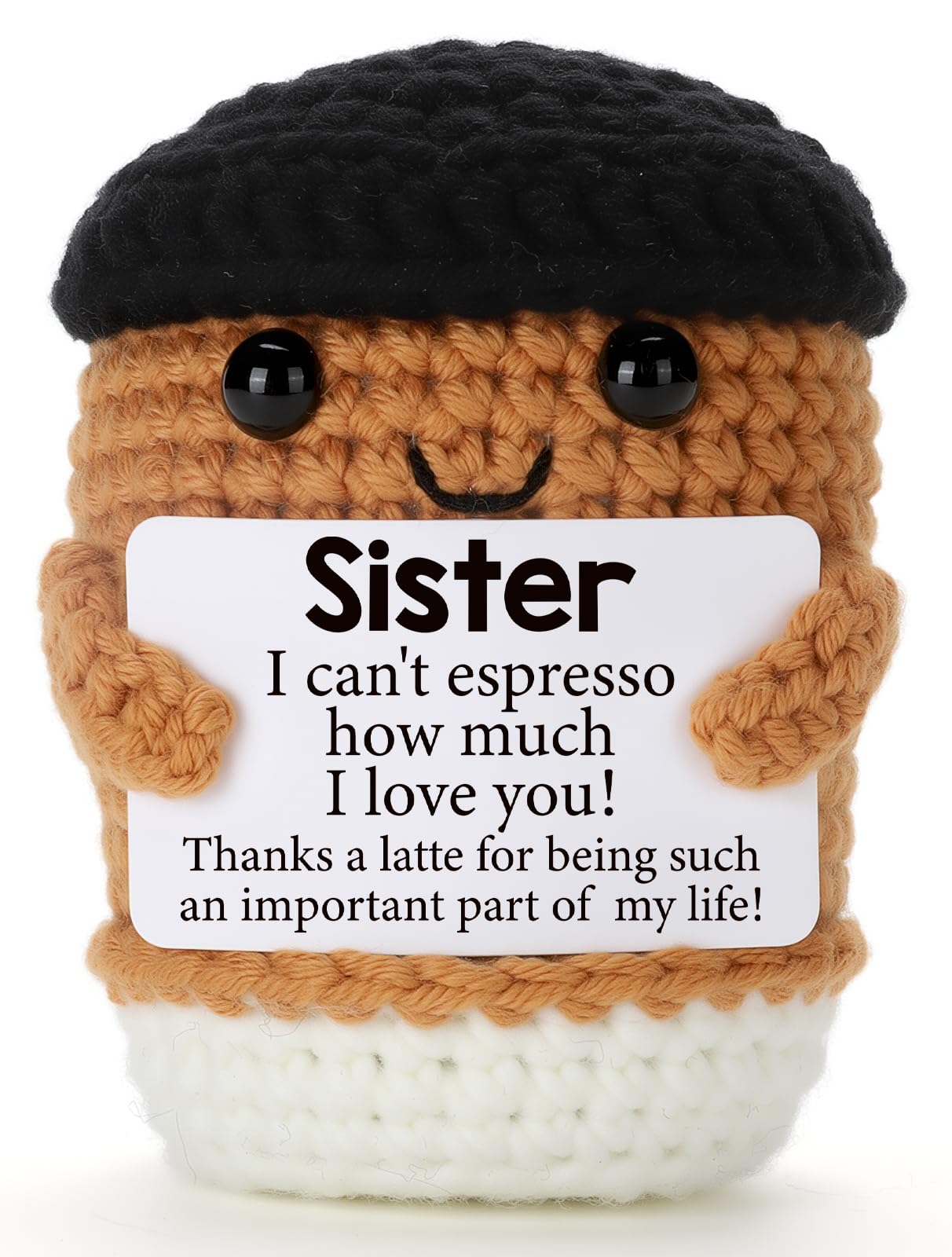 Mini Funny Coffee Sister Birthday Gifts from Sister, Graduation Soul Sister Friend Gifts for Women Girls Presents, Handmade Crochet Coffee Inspirational Cheer up Emotional Gift Desk Decor