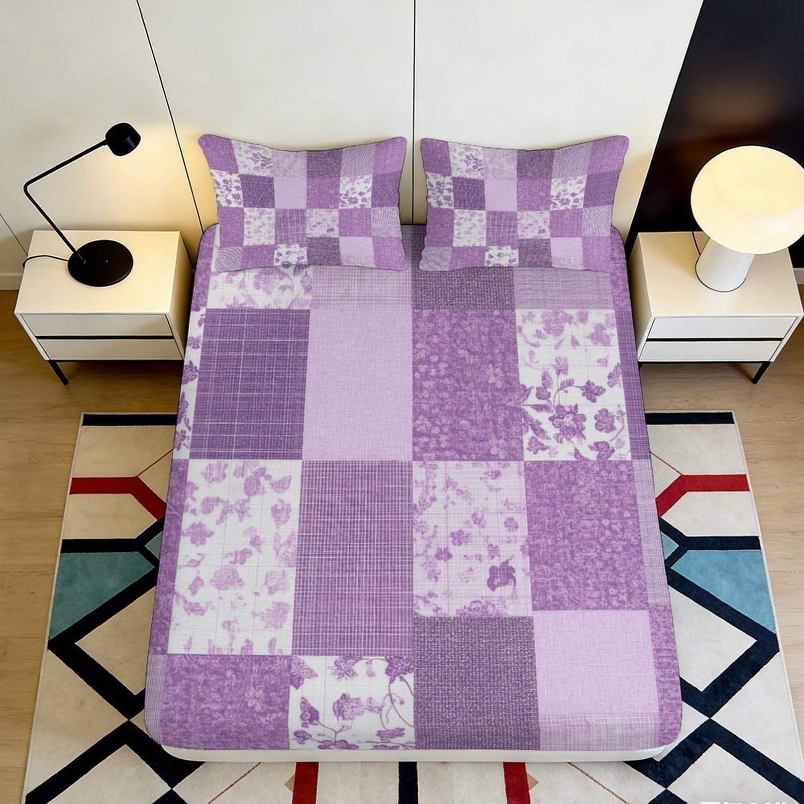 Jqzkxnhpbr Style-7 3D Printed Purple Patchwork Fitted Sheet Microfiber Bedroom Decor Floral Geometric Bed Cover For Home Dorm Room 90X200x25cm