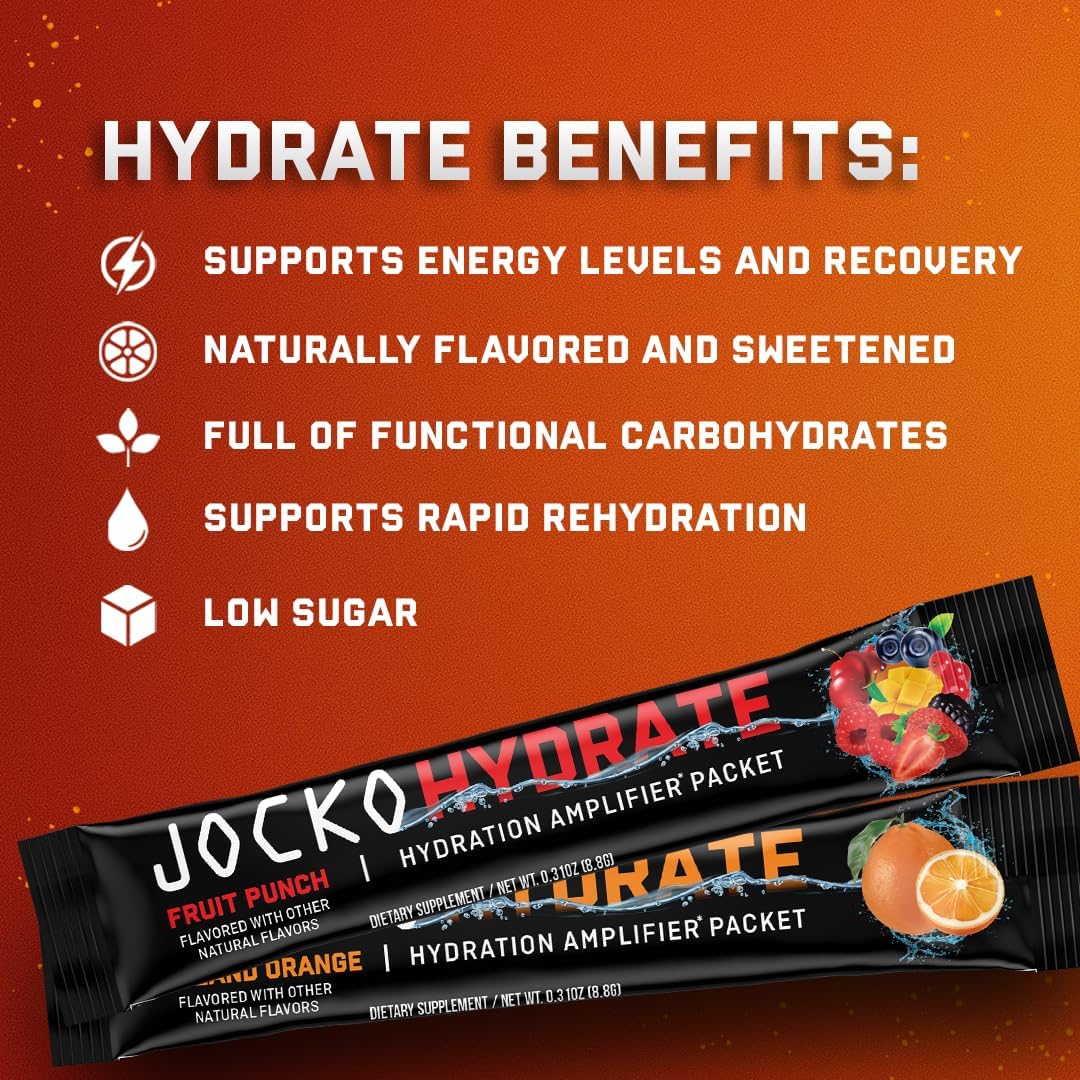 Jocko Fuel Hydrate Electrolytes Powder Packets Bundle (Fruit Punch + Island Orange) - Hydration Amplifier Packets for Recovery, Dehydration - with Vitamins B6, B12 & C (32 Packets)