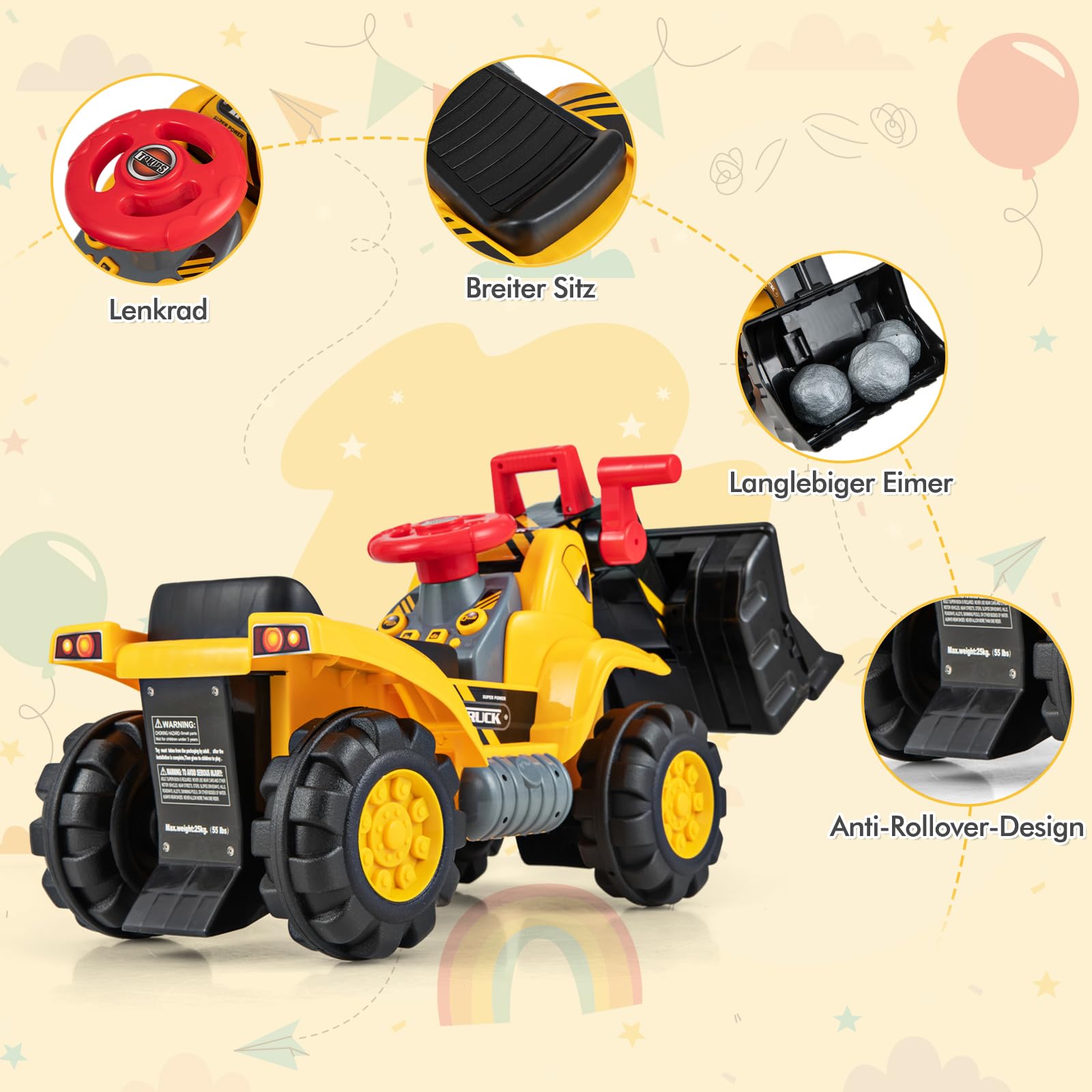 DREAMADE Kinder Sitzbagger, Aufsitzbagger mit Schutzhelm & 3 Spielsteine, Schaufel & Stauraum, Sandbagger mit Sound-Tasten, Bagger zum draufsitzen für Kinder ab 3 Jahren