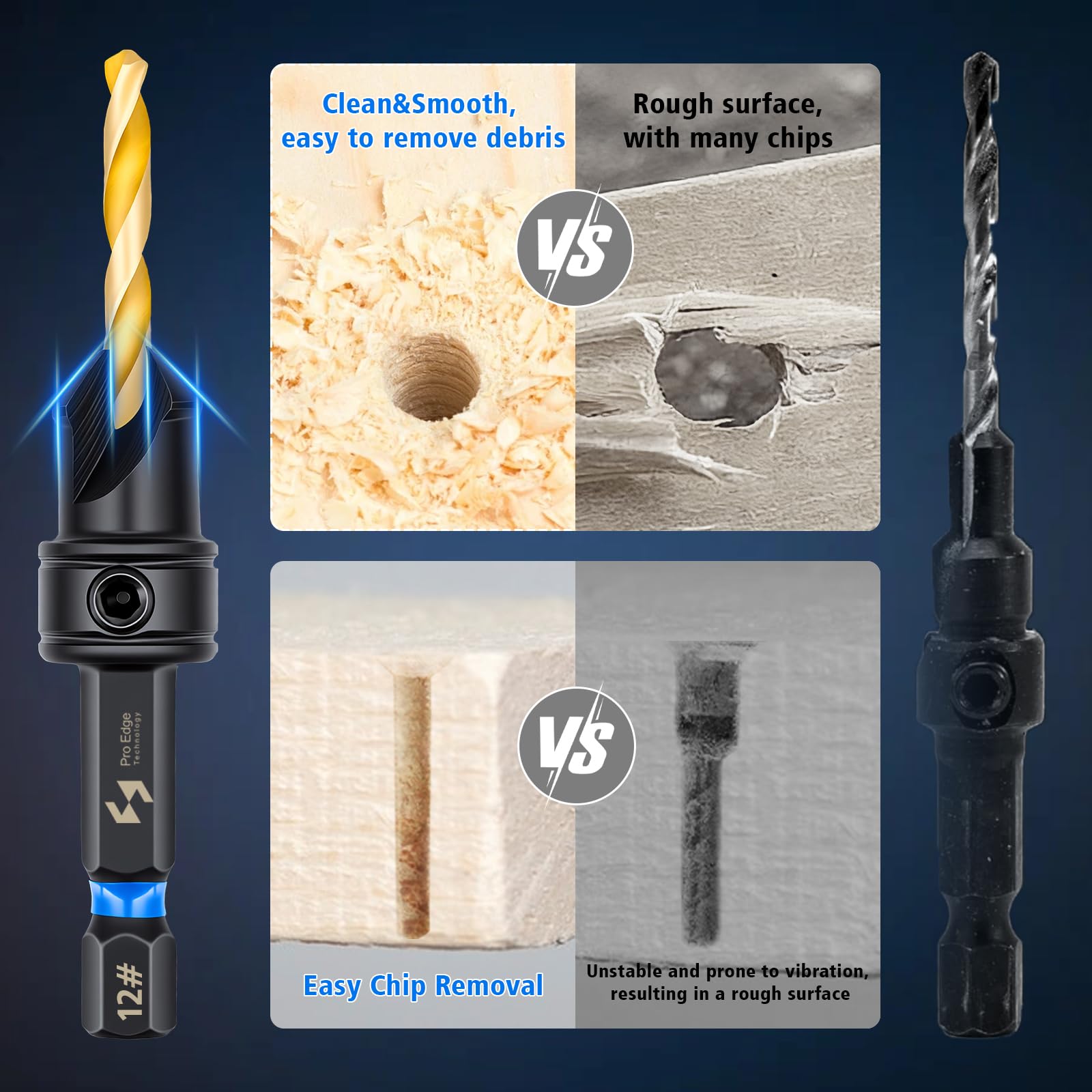 Pro Edge - Juego de 12 brocas avellanadas #4, #6, #8, #10, #12 con 5 brocas de madera HSS para reemplazo y soporte magnético de brocas de extensión y llave hexagonal, profundidad ajustable, agujero