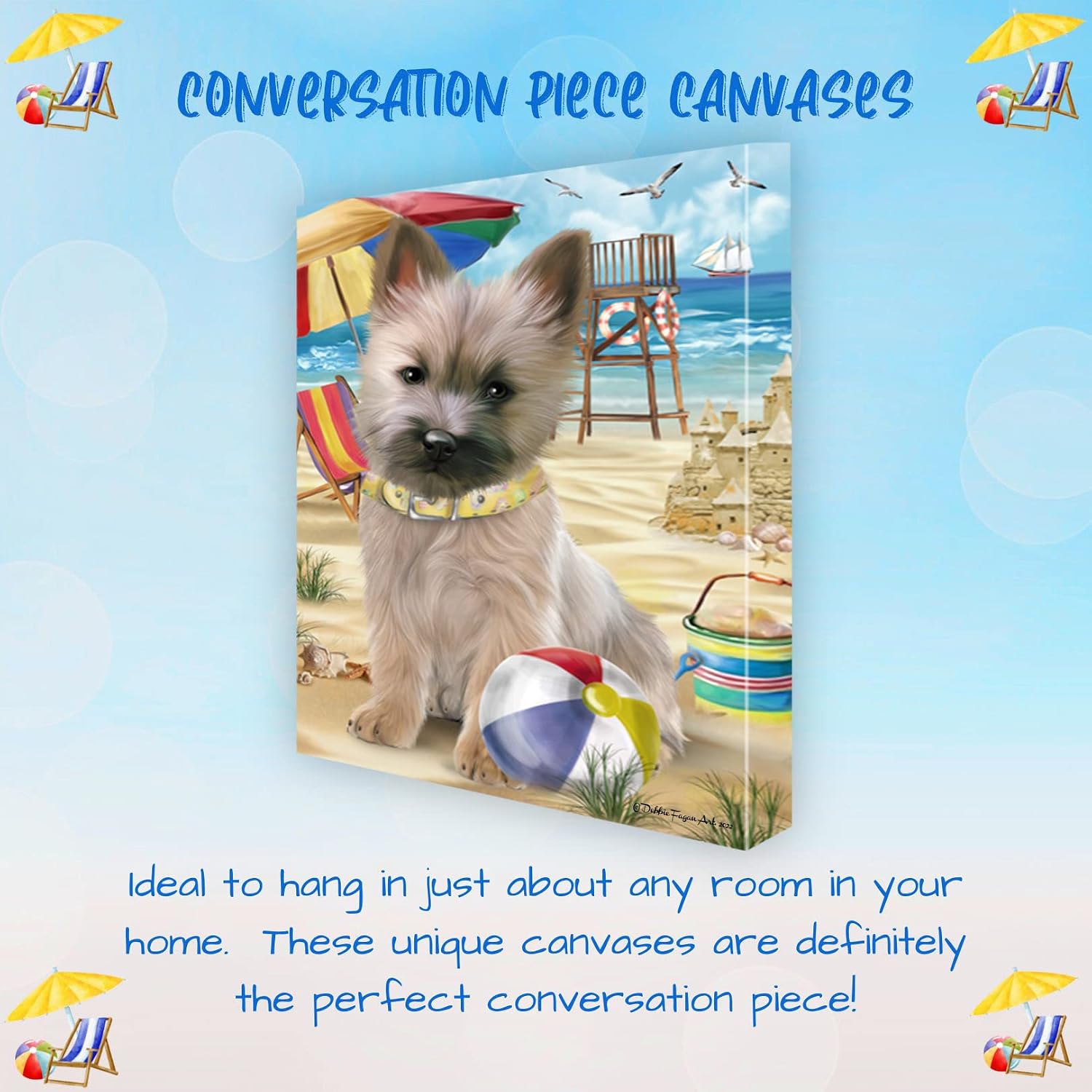 Pet Beach with Cairn Terrier Dog Canvas Wall Art - Premium Quality Ready to Hang Room Decor - Black Floating Framed 16" x 16"