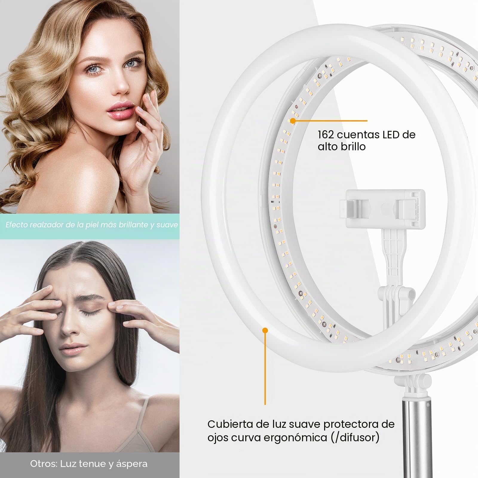 TARION Anillo de luz con Soporte: Anillo de luz LED de Escritorio de 11.8 Pulgadas con Soporte para teléfono, Anillo de iluminación Plegable para Selfie, Foto, videoconferencia, Maquillaje,