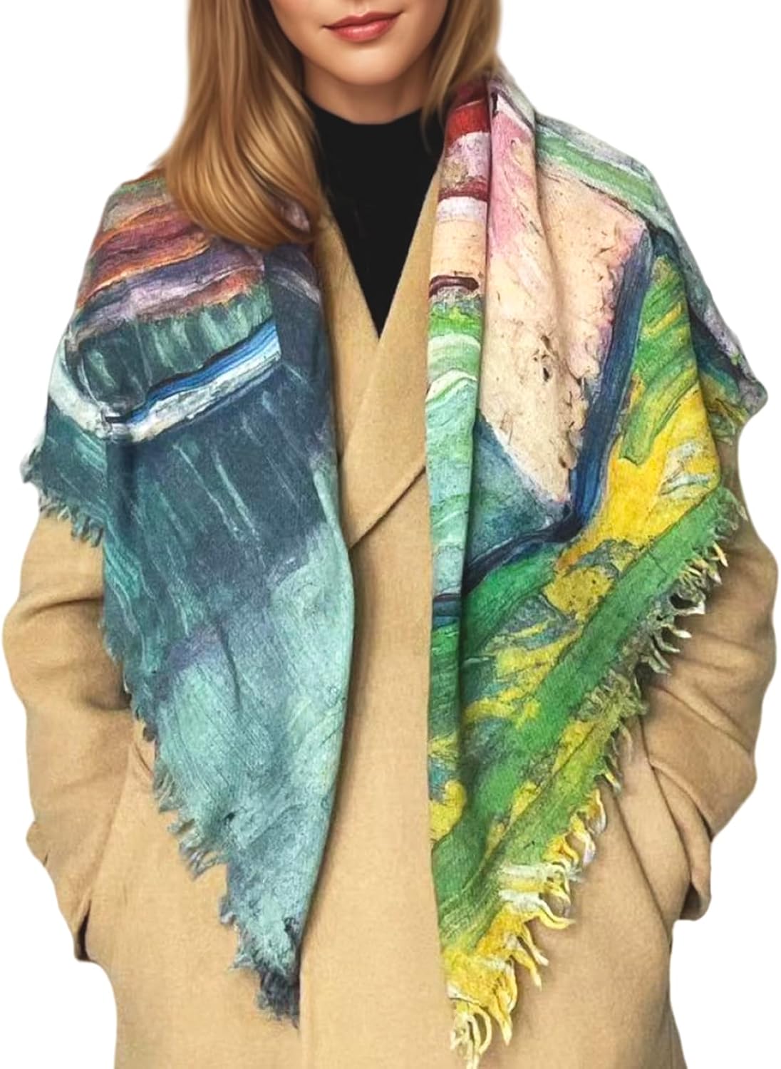 100% Water-Boiled Wool Scarf 39"x39" Women's Winter Pashmina Artist Oil Paintings Wraps Art Lovers Premium Gifts - Image 4