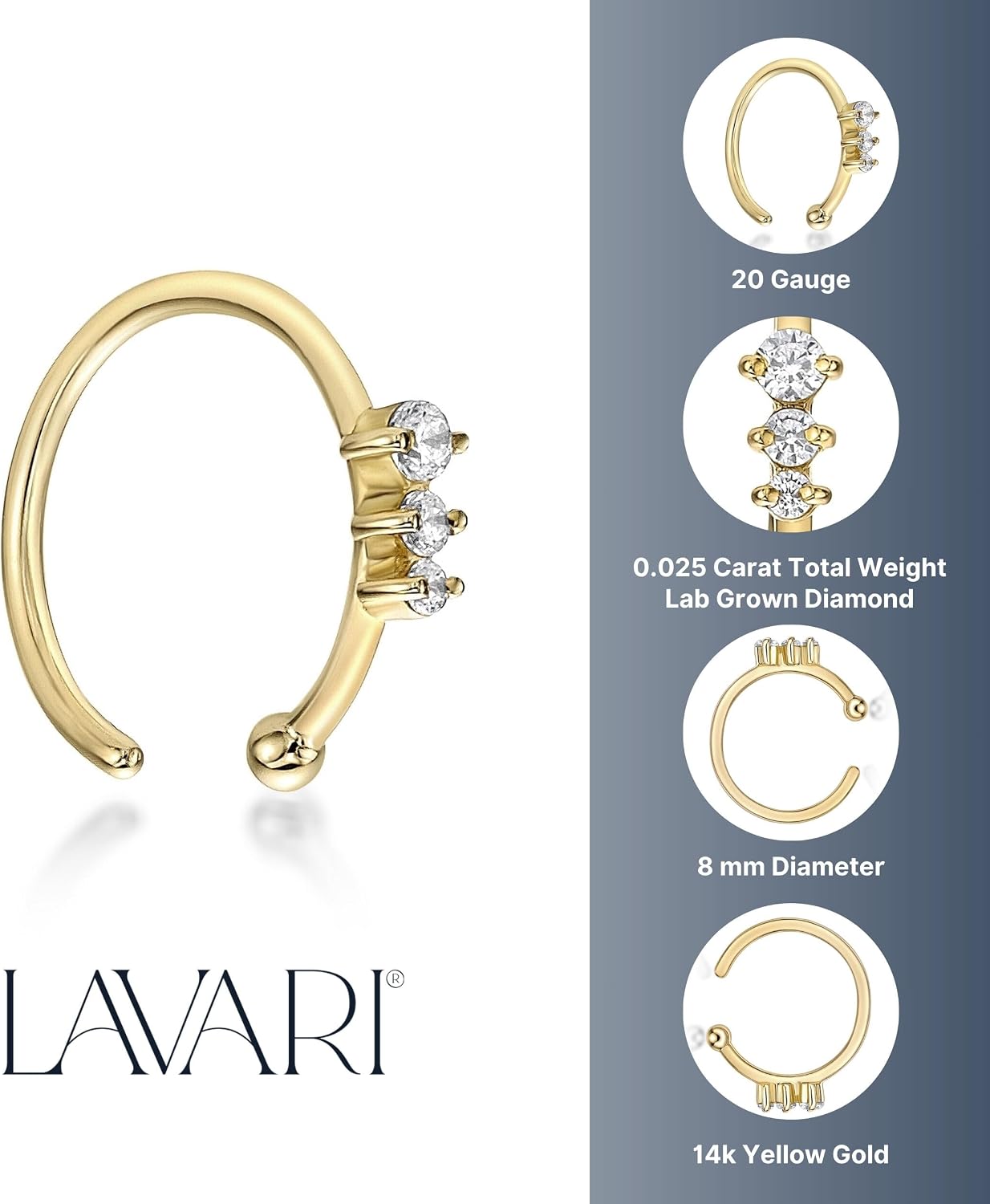Lavari Jewelers 20 Gauge 0.025 Carat Lab Grown Diamond Nose Hoop Ring for Women - 14k Yellow or White Gold Three Stone Nose Ring - Unisex Nostril Piercing Jewelry - 20G Body Piercing for Men