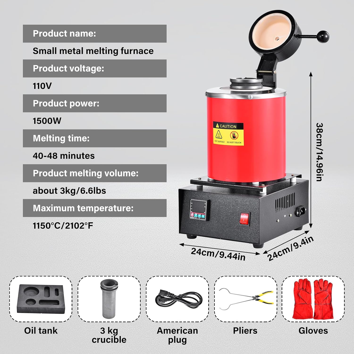3KG Gold Melting Furnace,1500W 2102F Digital Electric Melting Furnace with Graphite Crucible,Accurate Warming Equipment for Smelting Aluminum Gold Silver Copper Metal Scrap,Red