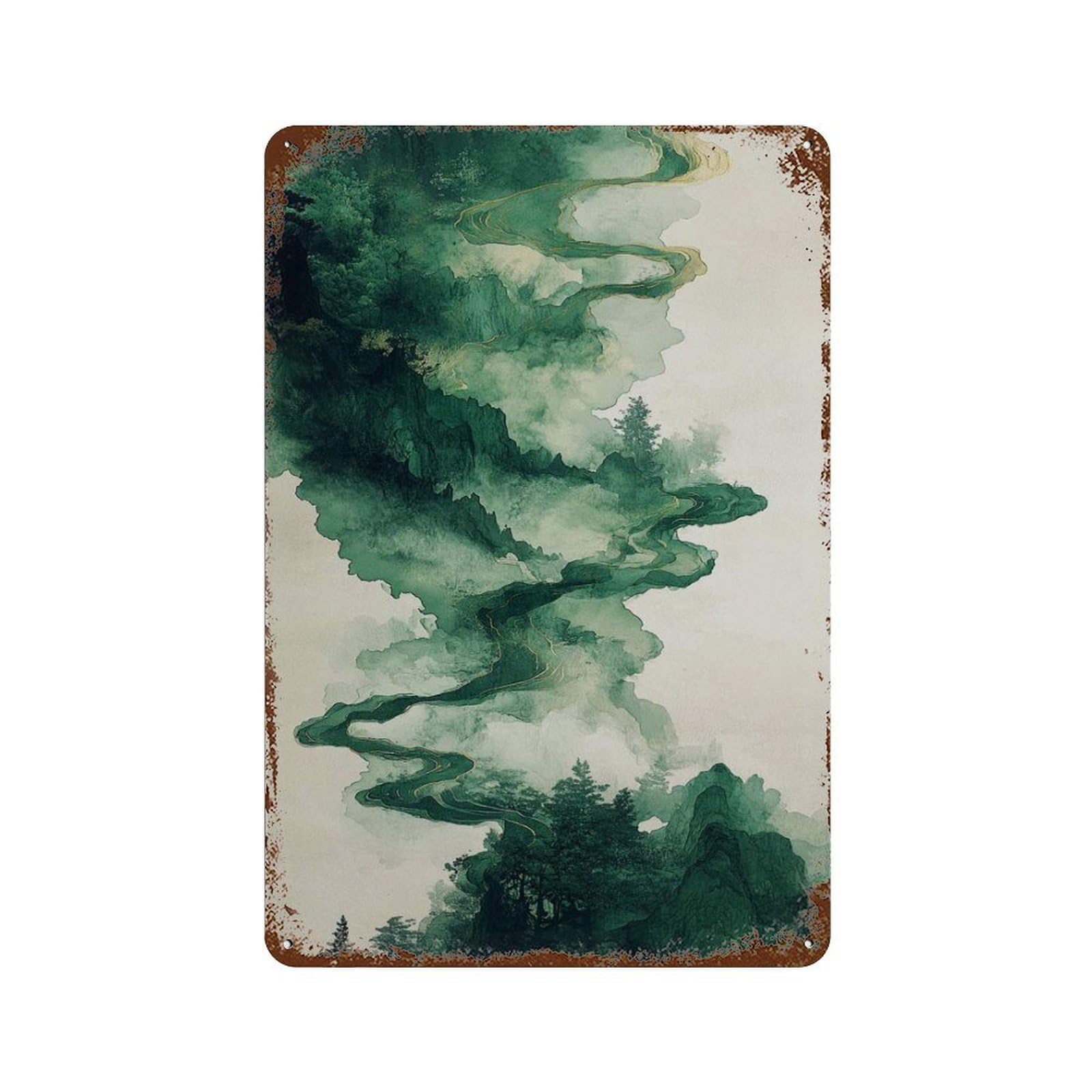 xiaoxiaoshen Abstract Green Landscape Mountain Mist Nature Pathway Tranquil Forest Scene Mode Wall Decor Art Metal Tin Poster Modern Home Decor Art Home Bar Shop Decorations Vintage Sign 30x20cm