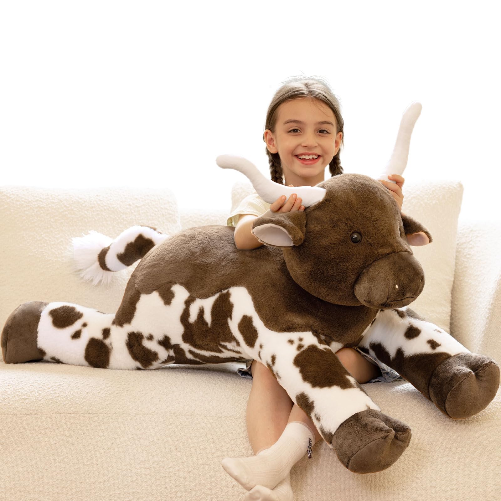 KERTA 43.3 Giant Longhorn Cow Stuffed Animal, Hugging Fluffy Stuffed Cow Plush Body Pillow, Realistic Large Texas Longhorn Bull Farm Plush Toy for Boys Girls