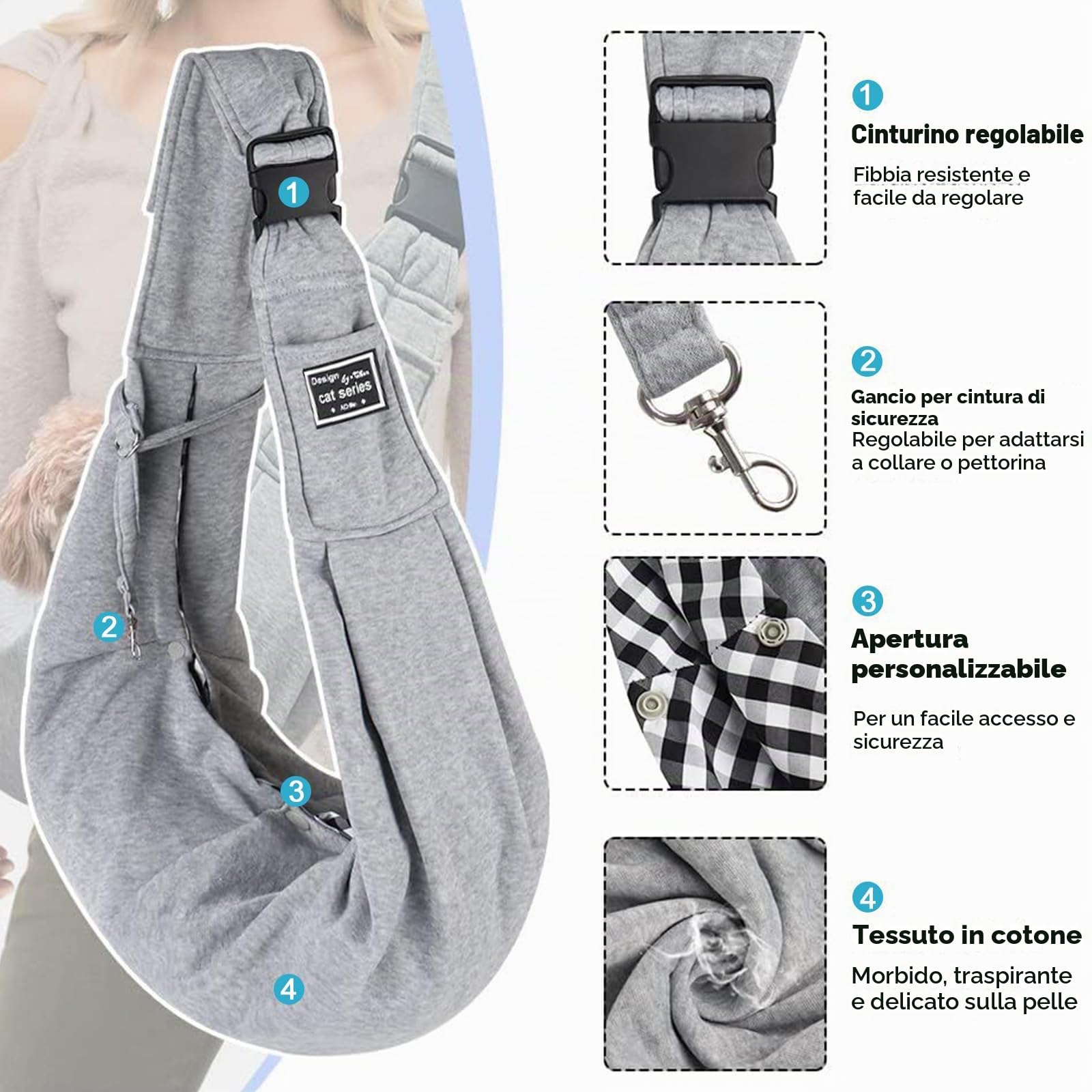 Borsa per cani fino a 10 kg, borsa per il trasporto portatile per cani, per passeggiate, attività all'aperto ed escursioni (grigio)