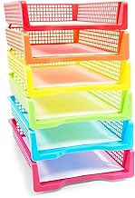 Set of 6 Rainbow Turn In Trays for Teachers, Plastic Classroom Paper Organisers, Colourful Storage Baskets for Office (10 x 3 x 13 In)