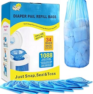 Diaper Pail Refill Bags,34 Bags Holds 1088 Counts Compatible with Arm&Hammer Diaper Pail Disposal System,Diaper Pail Snap,Seal and Toss Pail Refill Bags