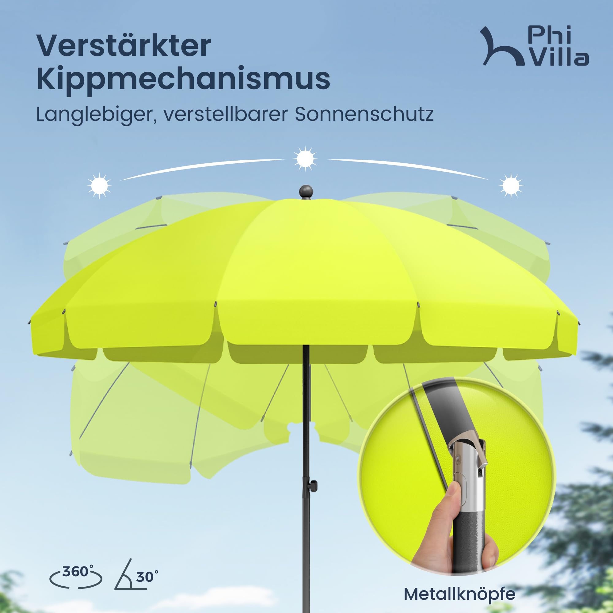PHI VILLA Ø175-220 cm, ombrellone regolabile in altezza con custodia e morsetto, ombrellone da spiaggia, pieghevole, antivento, stabile da portare con sé, protezione UV50+, per balcone, spiaggia
