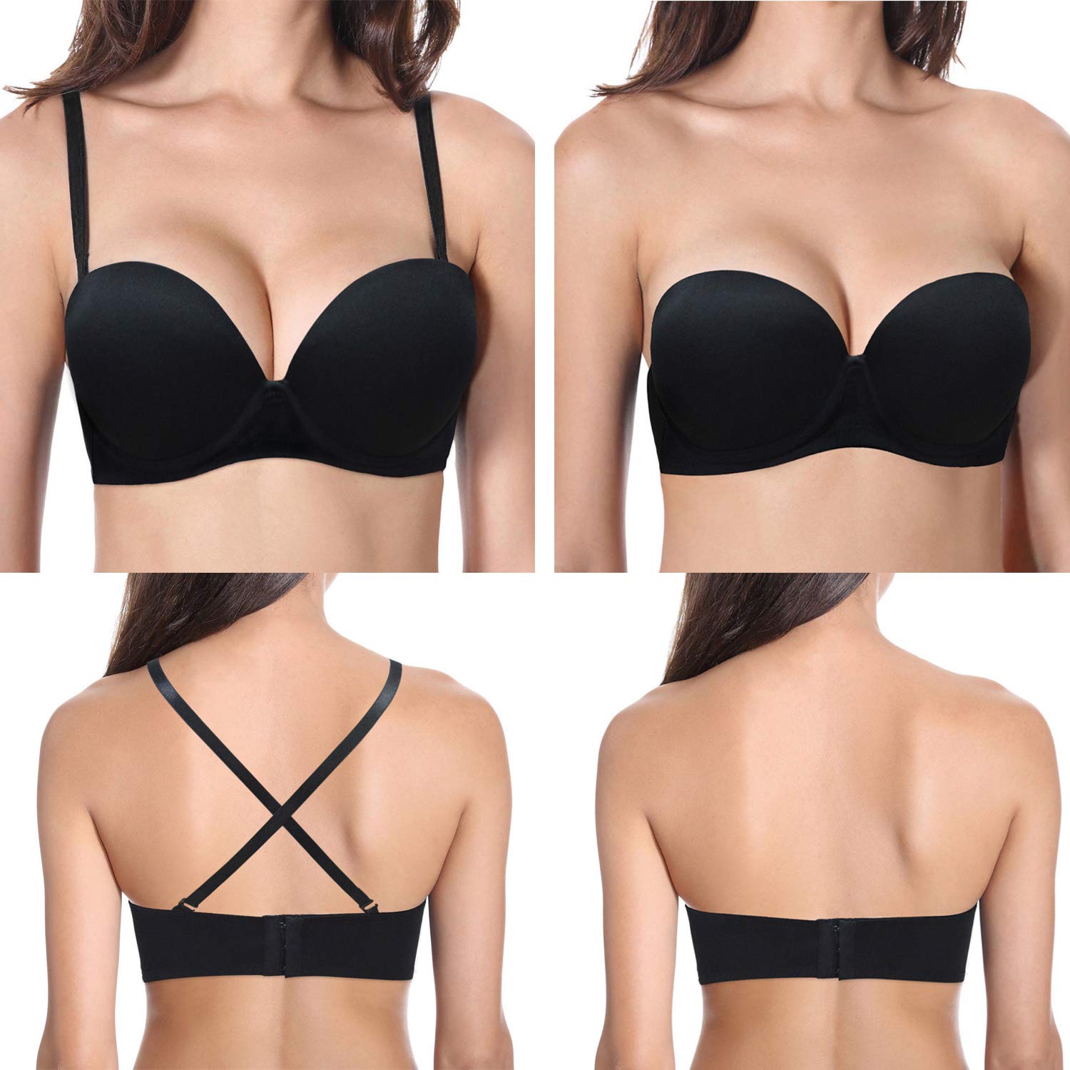 YBCG Push up Strapless Convertible Thick Padded Underwire Supportive Bra for Women's Wedding,32D Black