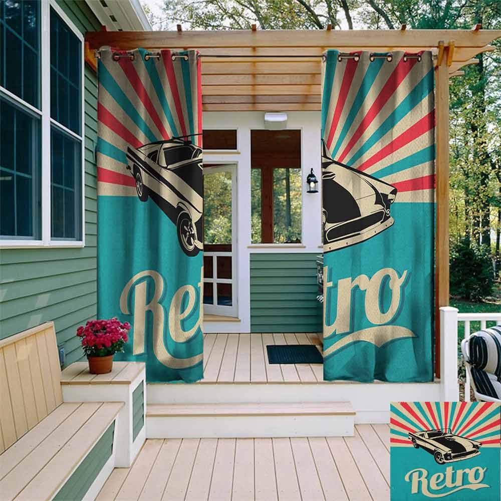 Sliding Door Curtain Cars Classical American Car on Retro Striped Backdrop with Grunge Display Simple Stylish W108"x L72" Sky Blue Hot Pink Black