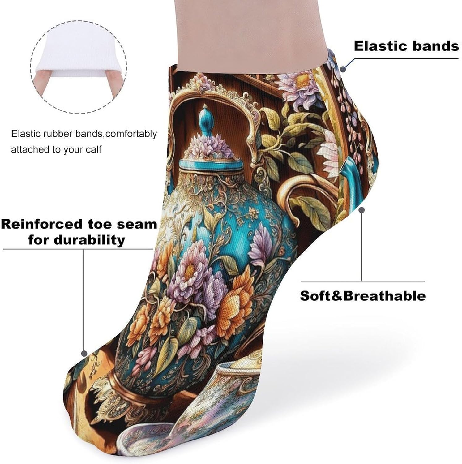 Retro Carved Teapot Ankle Sock-Low Cut Breathable,Basketball Socks for Men Women,Tube Socks for Work Sports