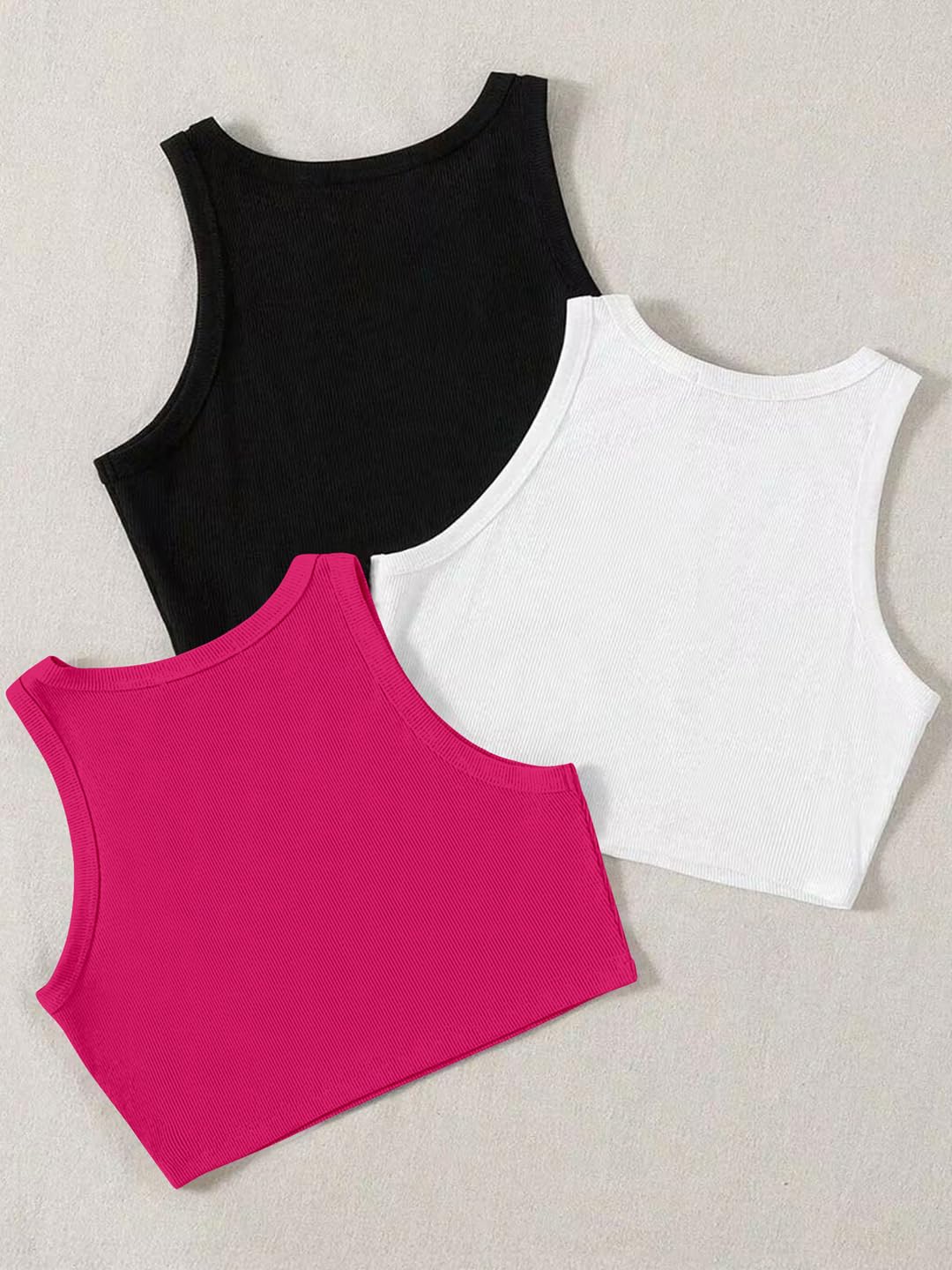 Paquete de 3 camisetas sin mangas acanaladas con cuello redondo para mujer
