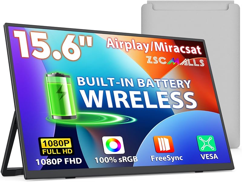 ZSCMALLS Monitor portátil Inalámbrico con Batería, 8000mAh 15.6" 1080P IPS USB-C/HDMI Segunda Pantalla, parlantes Incorporados, Soporte AirPlay/Miracast para Computadora portátil/Teléfono/Tableta/Switch/Xbox, Bolsa de Transporte Incluida