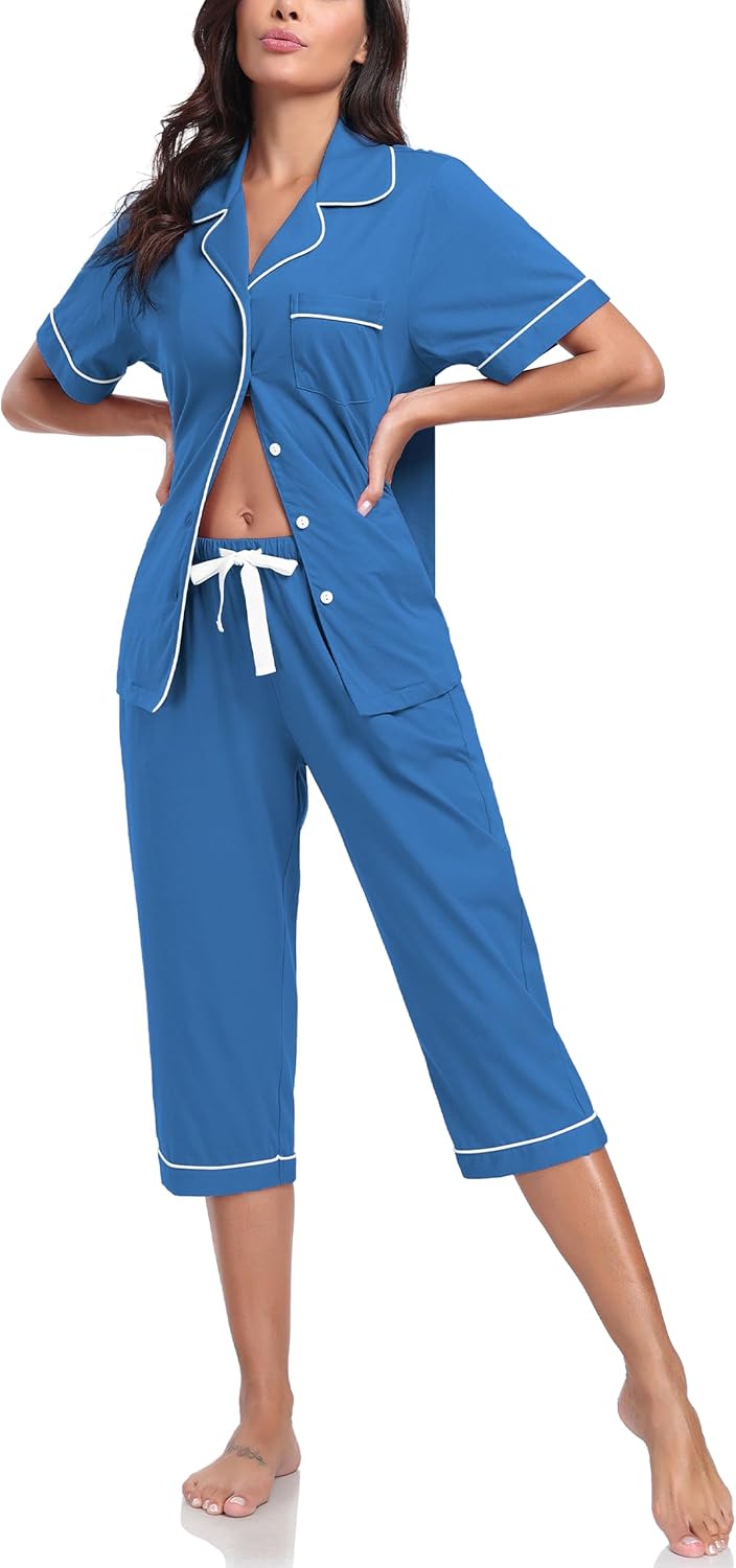 COLORFULLEAF 100% Cotton Women's Pajama Sets Short Sleeve Capri Pajamas for Women Set Button Down Pjs Soft Sleepwear Summer