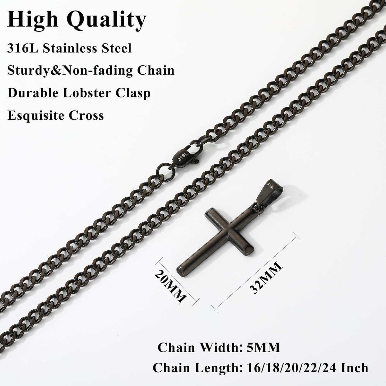 Avotto 316L Stainless Steel Cross Chain Necklace Valentines Stuff Jewelry Gifts for Men Boys, Silver Gold Black Necklaces 5mm Non-Fading Sturdy Cuban Chain with Cross Pendant 14/16/18/20/22/24Inch - Image 3