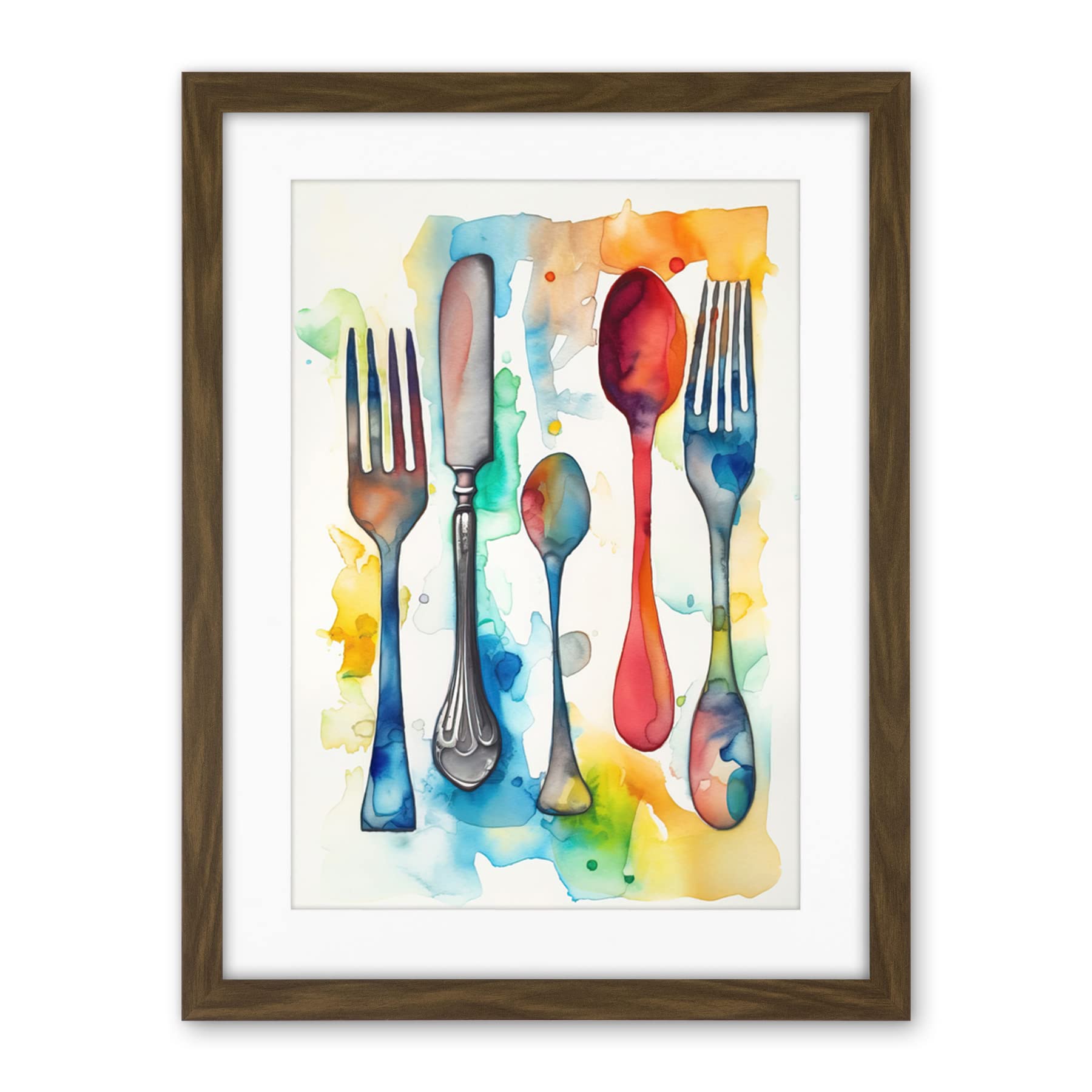 Artery8 Cutlery Forks Spoons And Knife Watercolour Painting Artwork Framed Wall Art Print 18X24 Inch