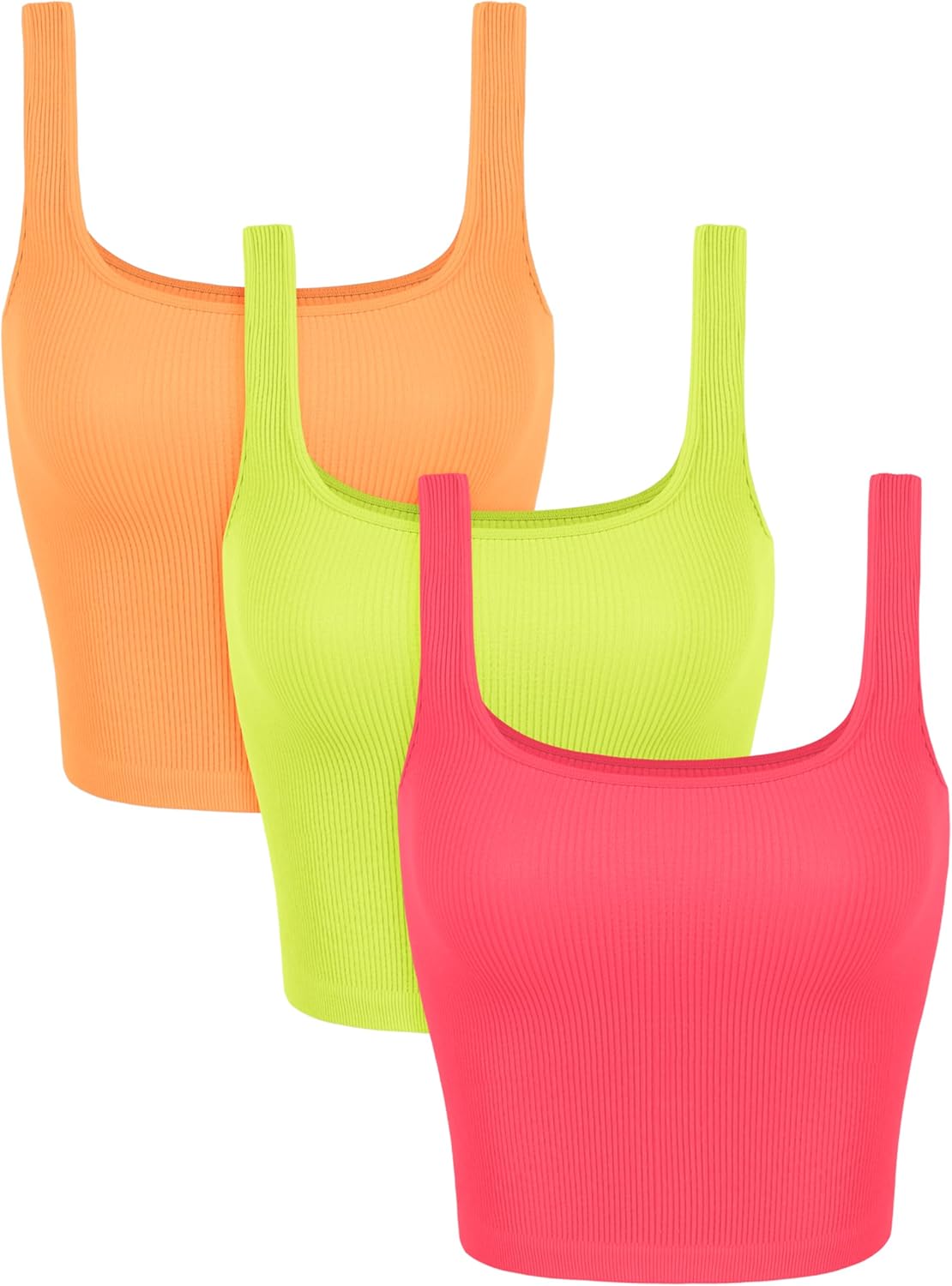 ODODOS 3-Pack Seamless Square Neck Crop Tank for Women Ribbed Knit Soft Low Back Cropped Tops