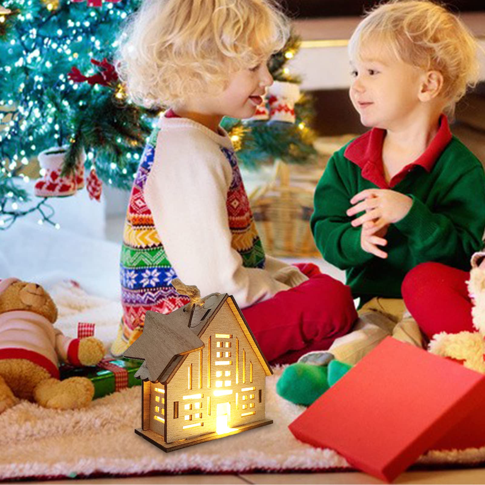 Amazon.co.jp: クリスマス 飾り ミニハウス 子供 置物 木製 光る雪の家