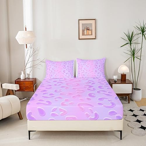 Miniatura 7 de Erosebridal Sábanas de cama de leopardo neón, sábana bajera ajustable con estampado de guepardo, tamaño matrimonial, ropa de cama con estrellas con