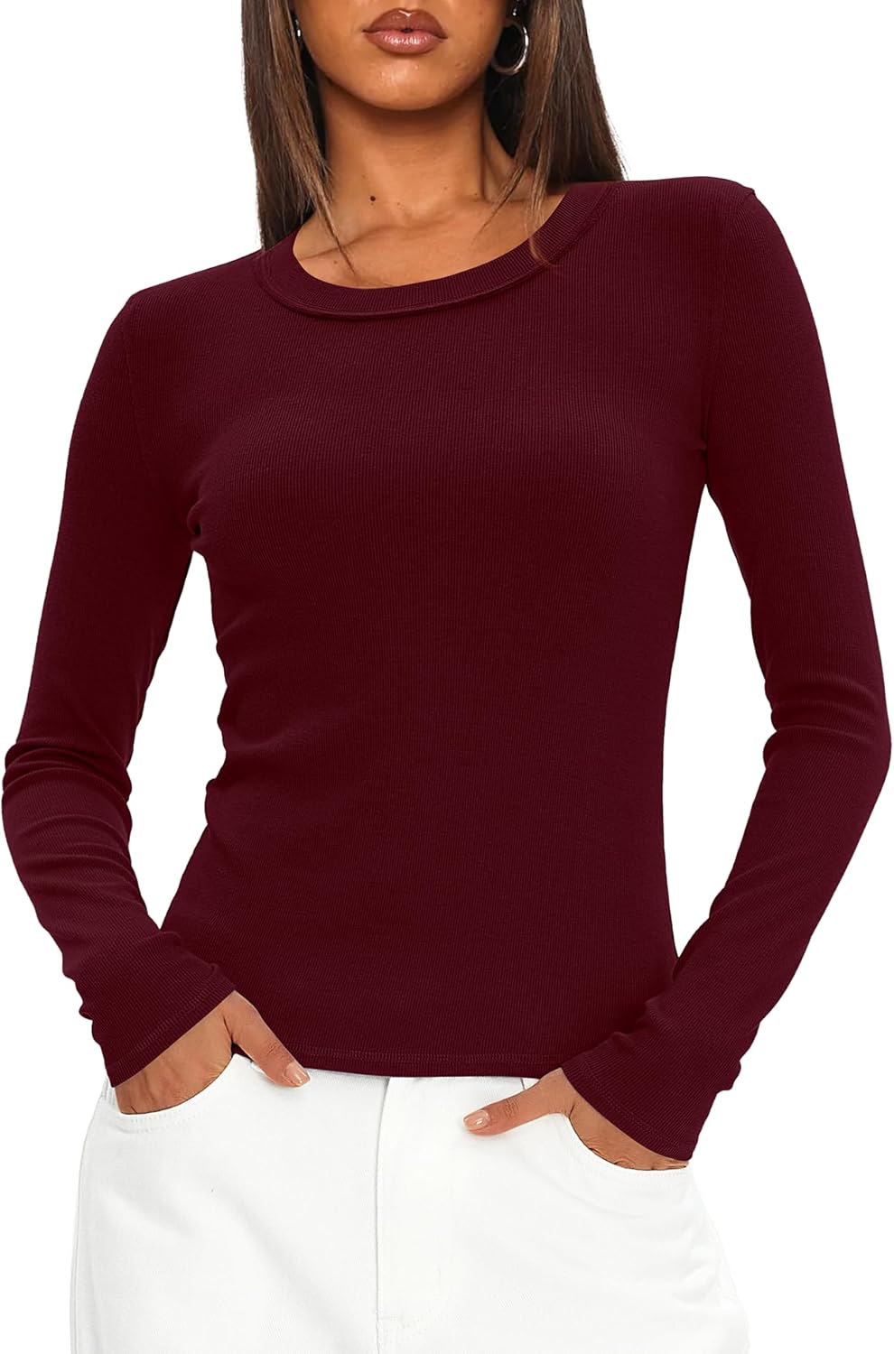 Darong Long Sleeve Shirts for Women Crew Neck Rib Knit Slim Fit Tops Basic Tee Casual T-Shirt Layer Clothes - Image 5