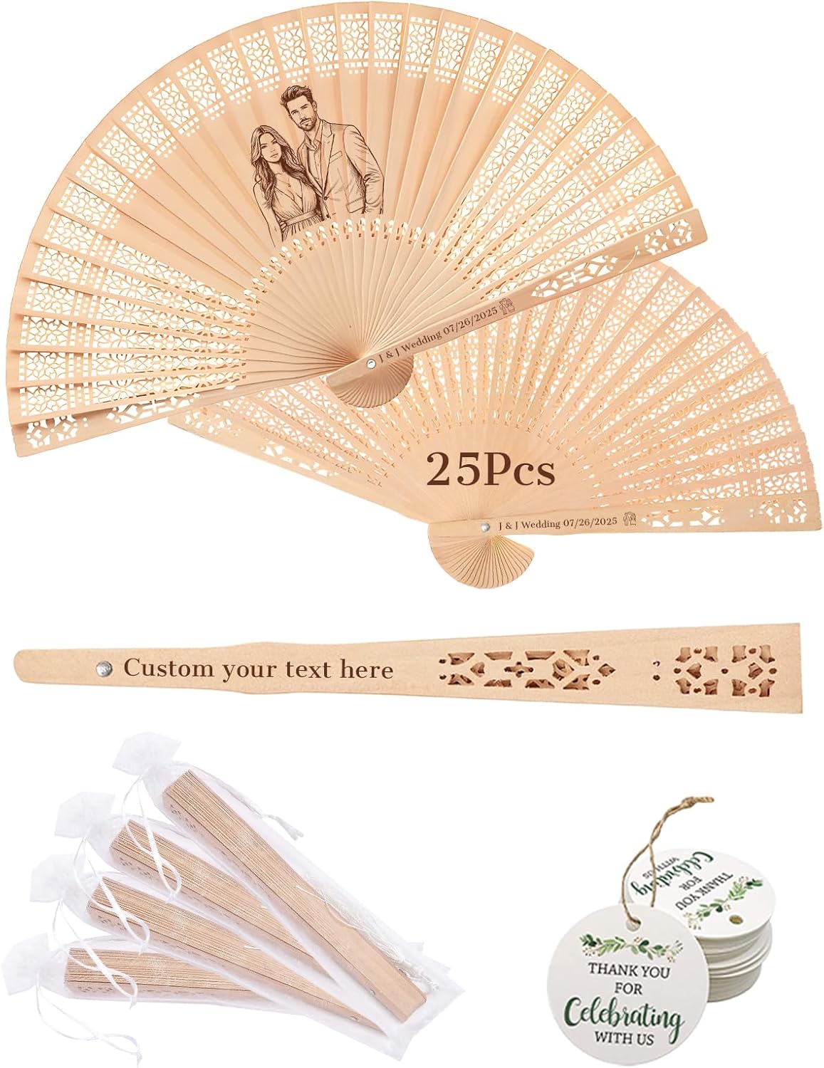 HJX Personalized Wooden Folding Fans for Wedding Custom Engraved Hand Fans Bulk Personalized Birthday Party Favors for Guests (50)